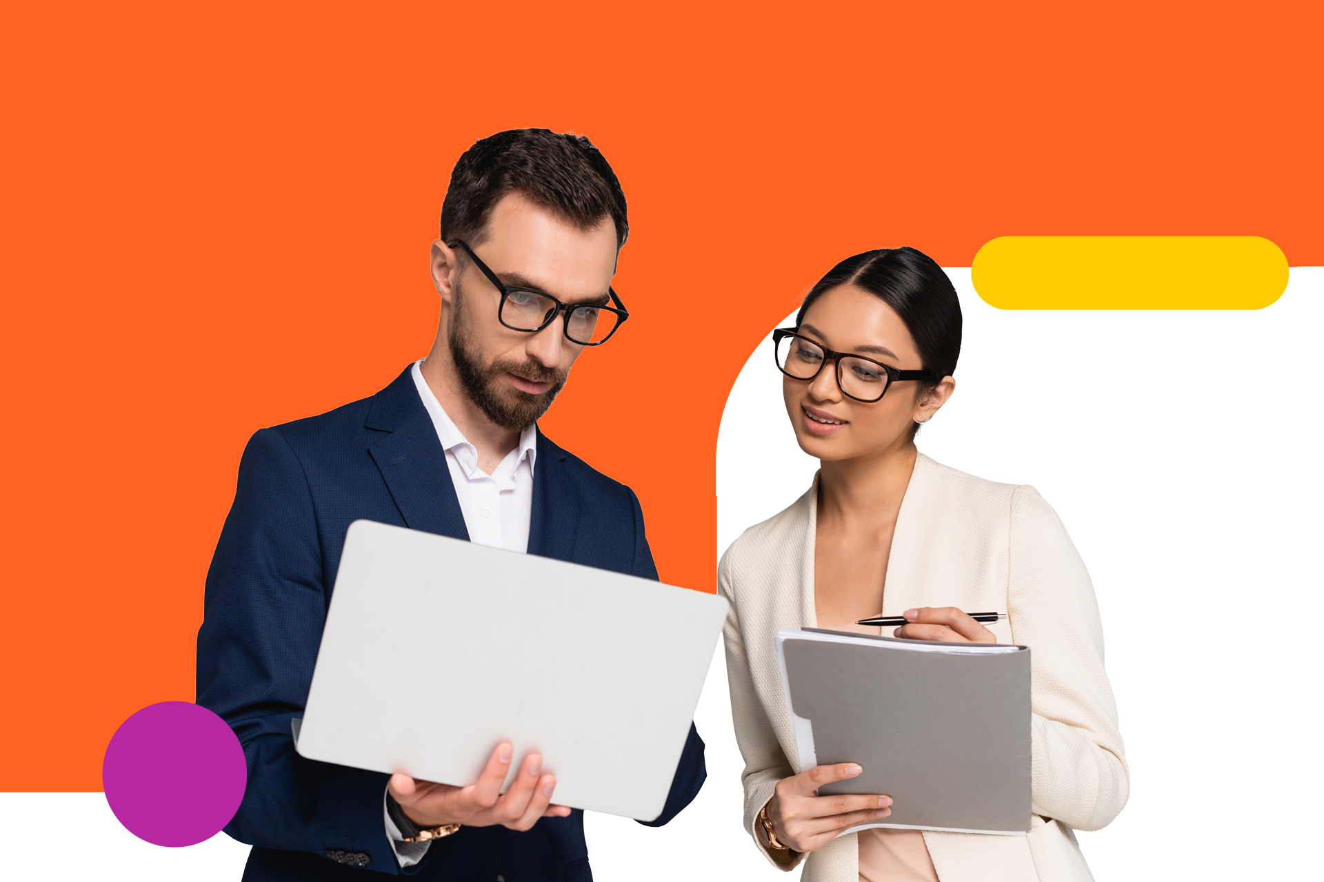 Two marketers look over planning and strategy materials for the upcoming year. 2023 Marketing Trends guide.