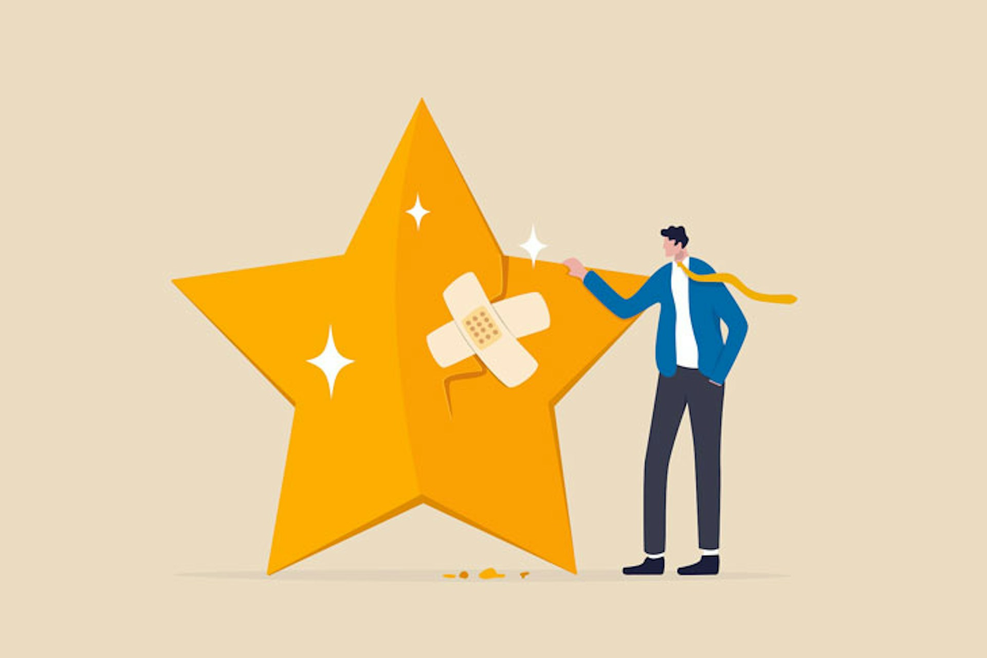Eine Illustrtion zeigt einen goldenen Stern mit einem Pflaster, daneben steht ein Mann. Die Grafik symbolisiert den Begriff Krisenmanagement.