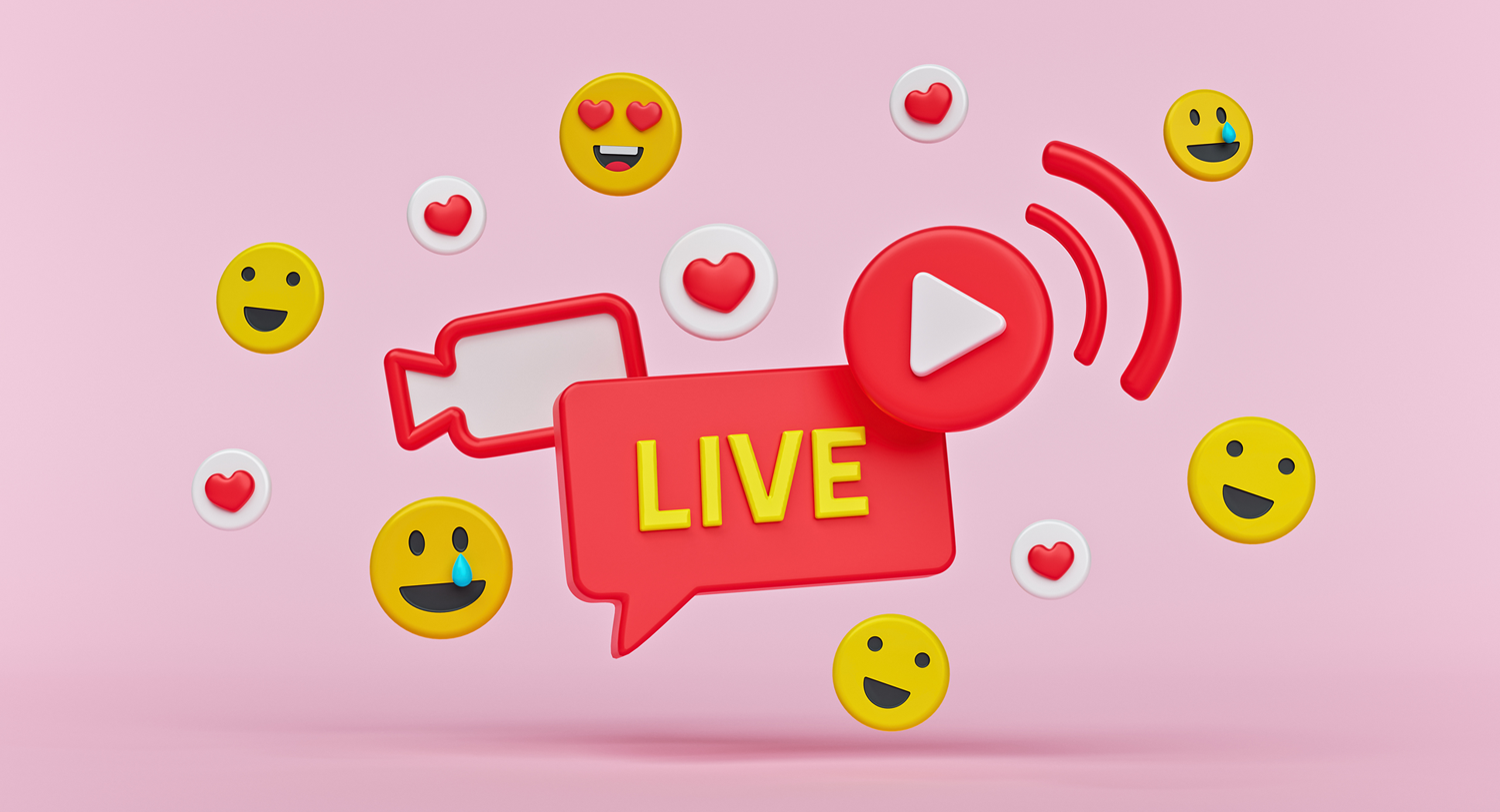 Illustration showing a live button, broadcasting play button, and video camera symbol surrounded by happy face emojis and hearts. Blog post header image about Livestreams for brands.