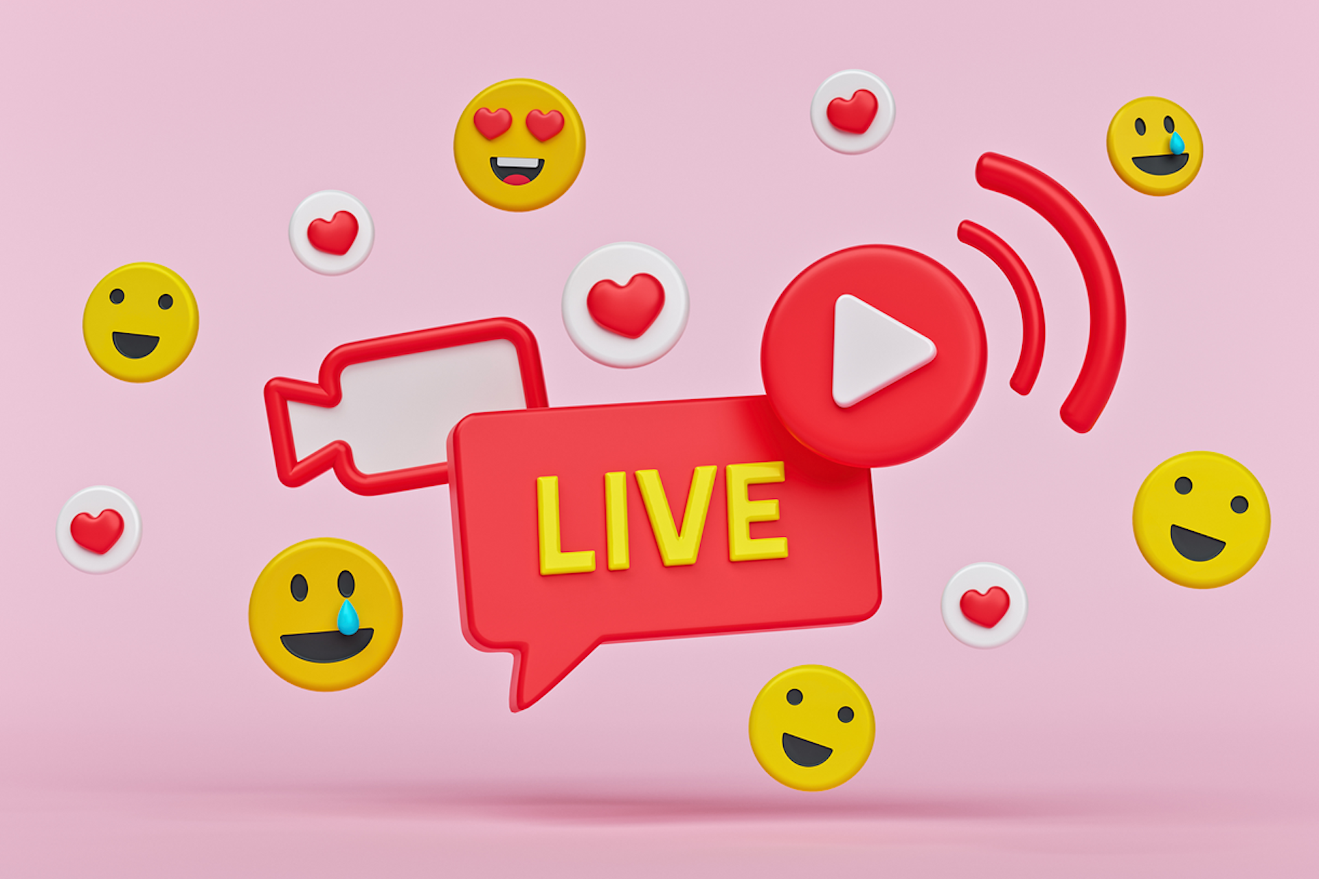 Illustration showing a live button, broadcasting play button, and video camera symbol surrounded by happy face emojis and hearts. Blog post header image about Livestreams for brands.