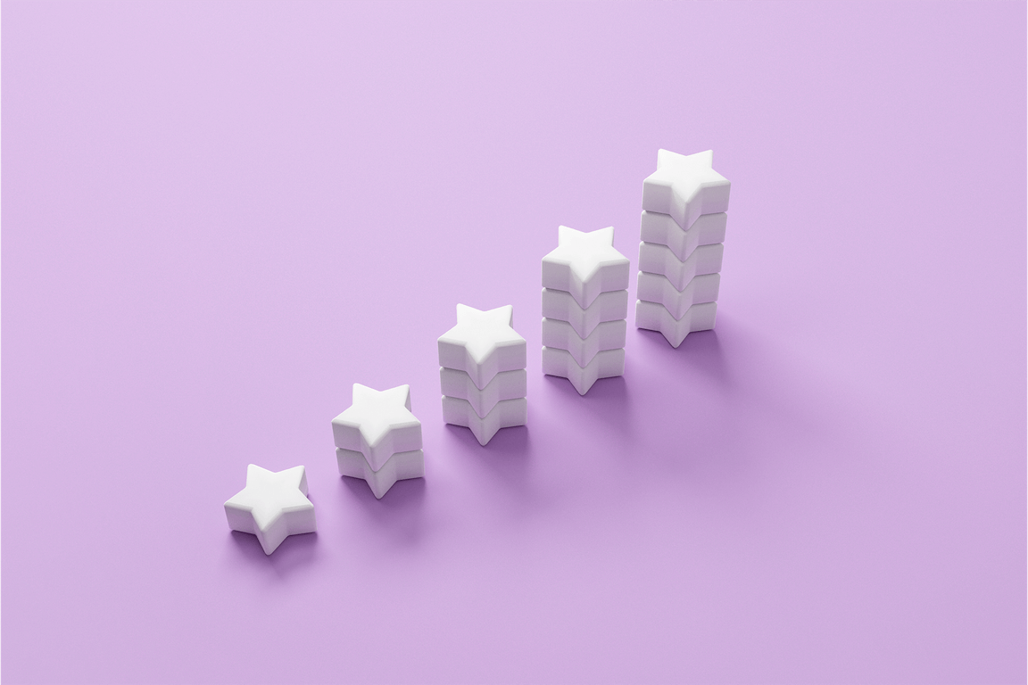 A graph of stars set against a purple background. Giving something a 5-star review is an indication of quality and can boost a businesses reputation, which is why this image is being used for a blog on How a Business Can Create and Maintain a Good Reputation 