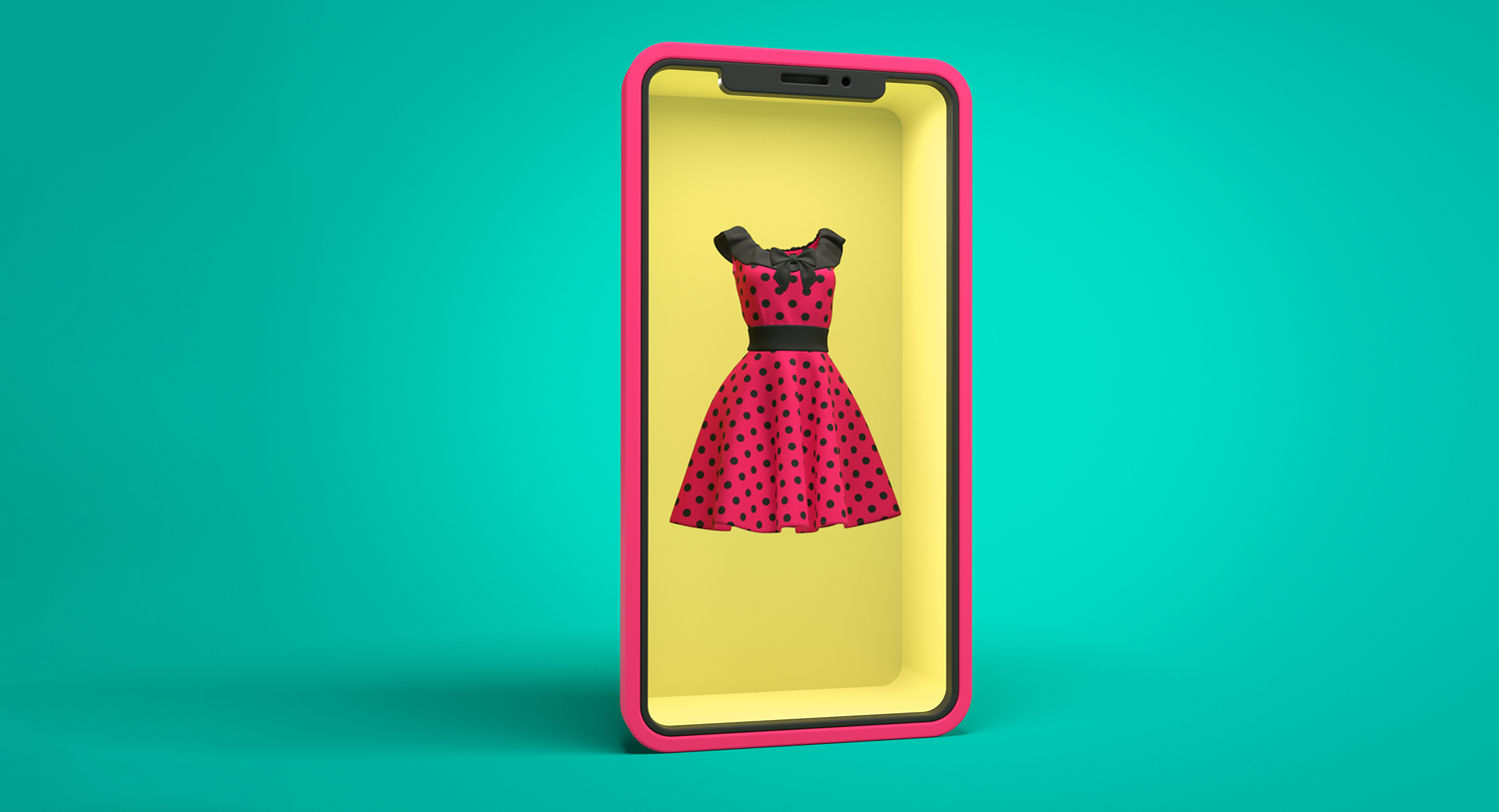Image showing a red dress with black polkadots inside a phone, on a bright green background. Blog post on live shopping for brands. 