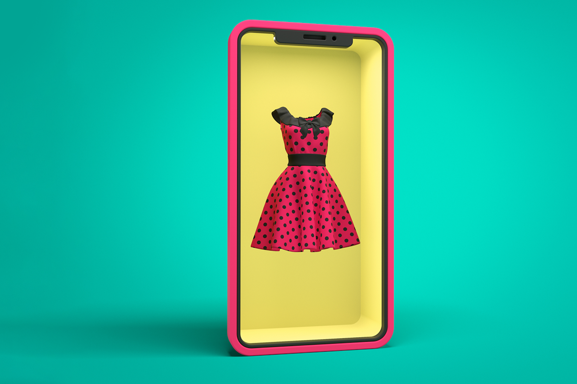Image montrant une robe rouge à pois noirs à l'intérieur d'un téléphone, sur un fond vert vif. Article de blog sur le shopping en direct pour les marques. 