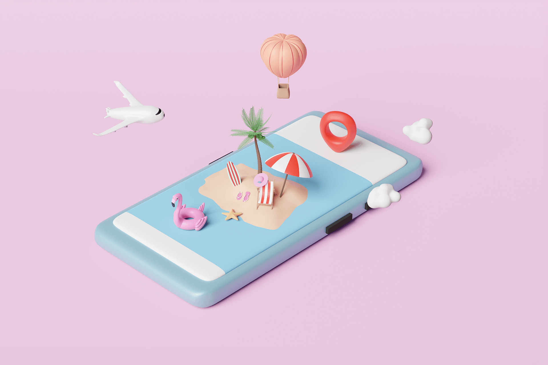 3D Illustration eines Smartphones mit Reiseutensilien als Titelbild für unseren Blog mit den top Travel Influencern und Reiseinfluencern