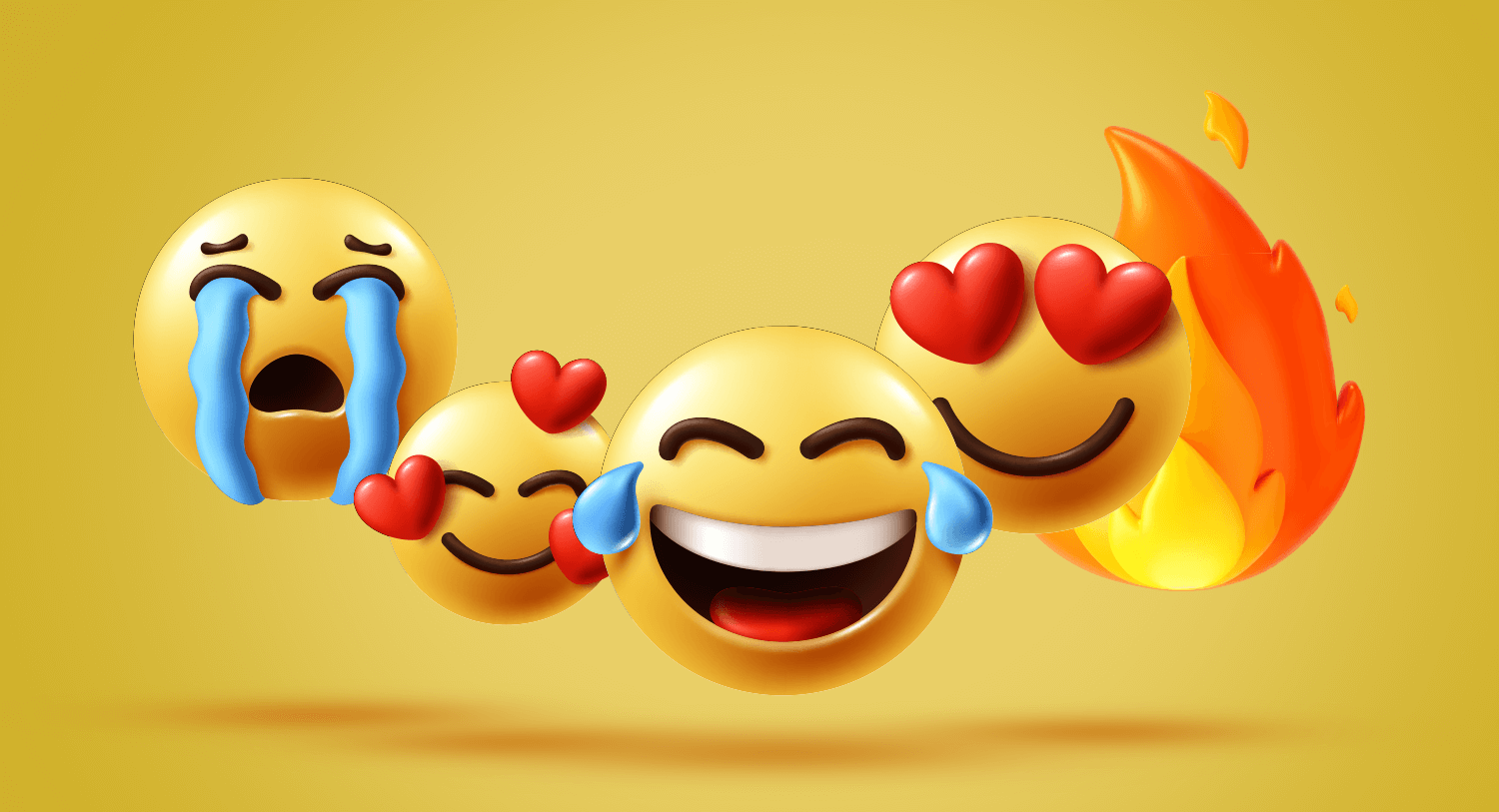 Les emojis de sanglot, de sourire avec des cœurs, de rire avec des larmes de joie, de sourire avec des yeux en cœur et de feu pour un blog d'écoute sociale de Meltwater sur les émojis les plus utilisés en 2023.