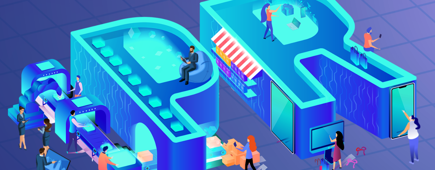 3D graphic of the word "PR" with illustrated people manoeuvring tech gadgets