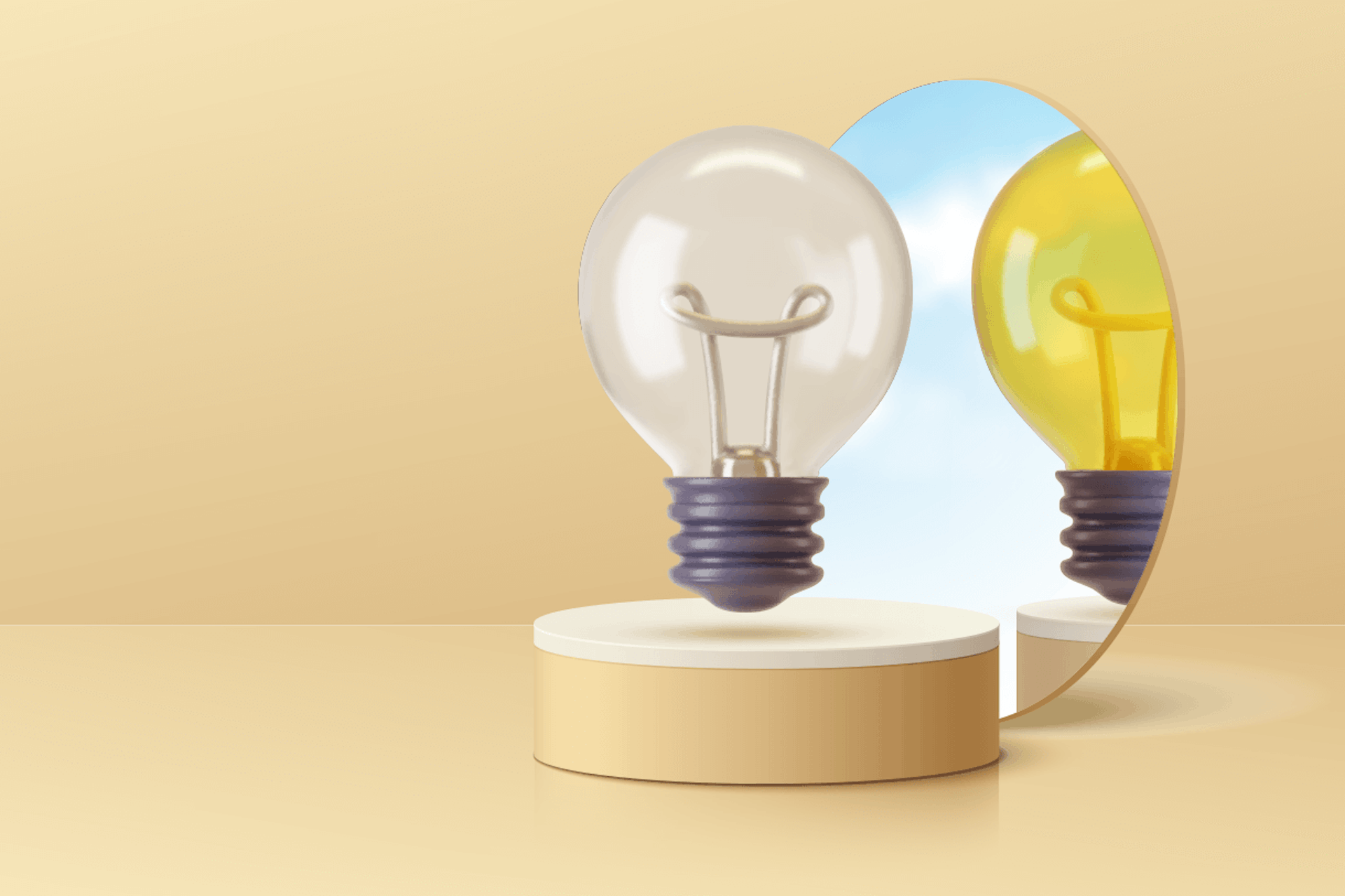 An illustration of a lightbulb looking into a mirror, meant to represent brand recognition.