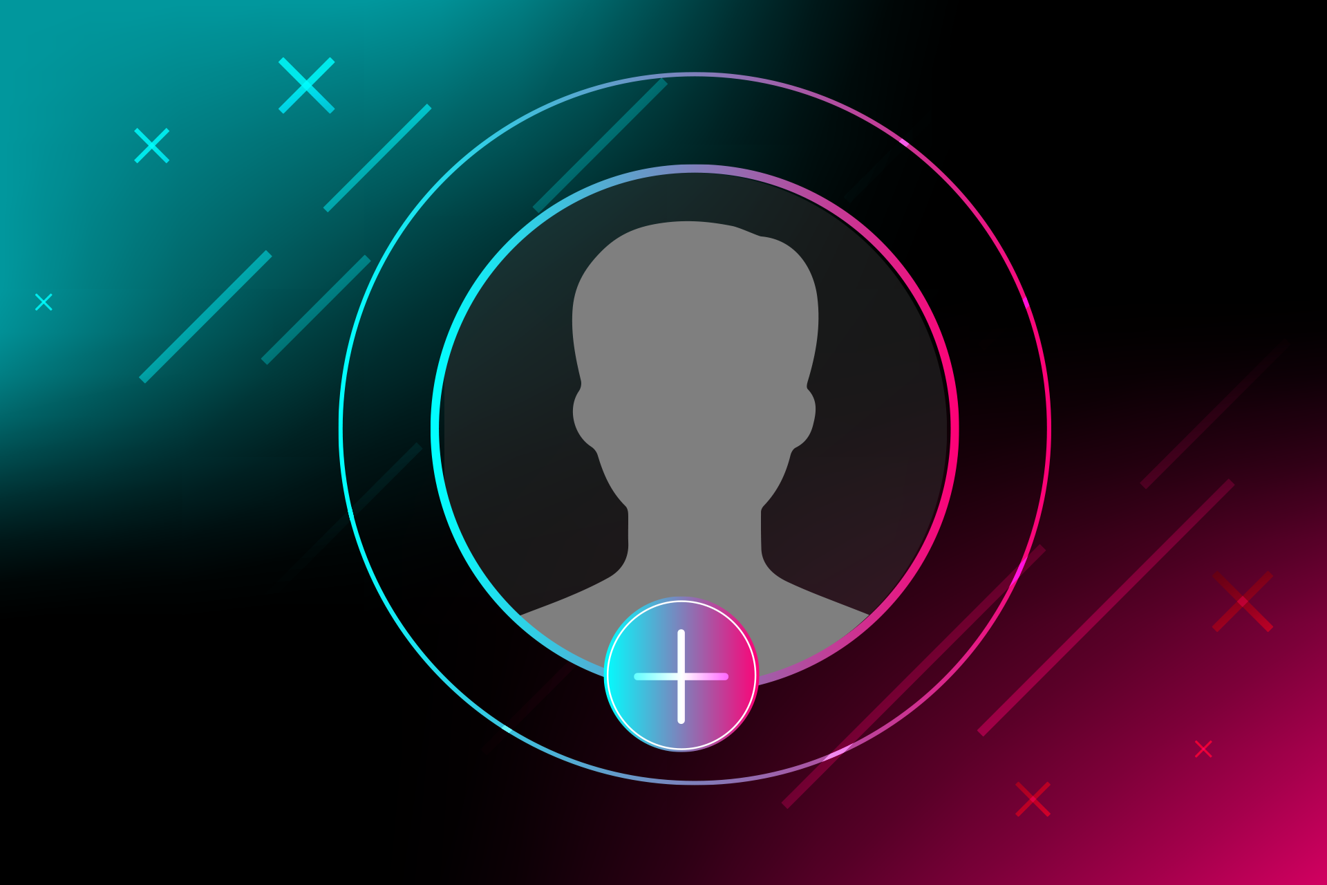 TikTok-henkinen kuvituskuva, mustalla taustalla pinkkiä ja sinistä väriä, keskellä anonyymi profiilikuva 