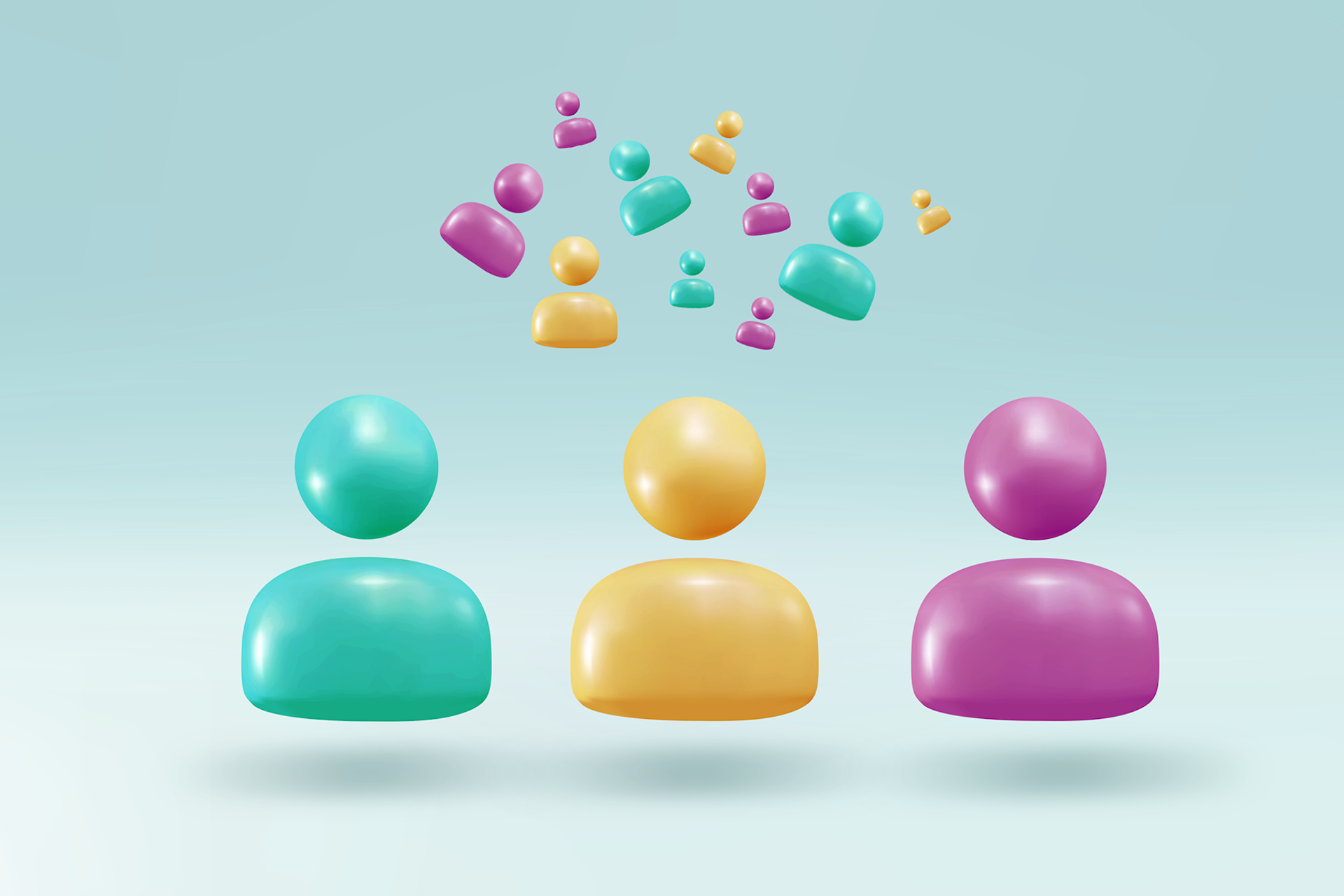 An image showing three large symbols for individuals, in different colors. One person is blue, the middle person is yellow, and the third person is purple. They are in the foreground and behind them are floating people in the same colors. Audience segmentation blog post main image.