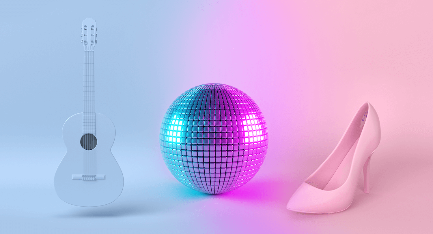 A guitar, disco ball, and high heel are in this image for a Meltwater blog about Taylor Swift's Eras Tour, Beyoncé's Renaissance Tour, and the Barbie movie.