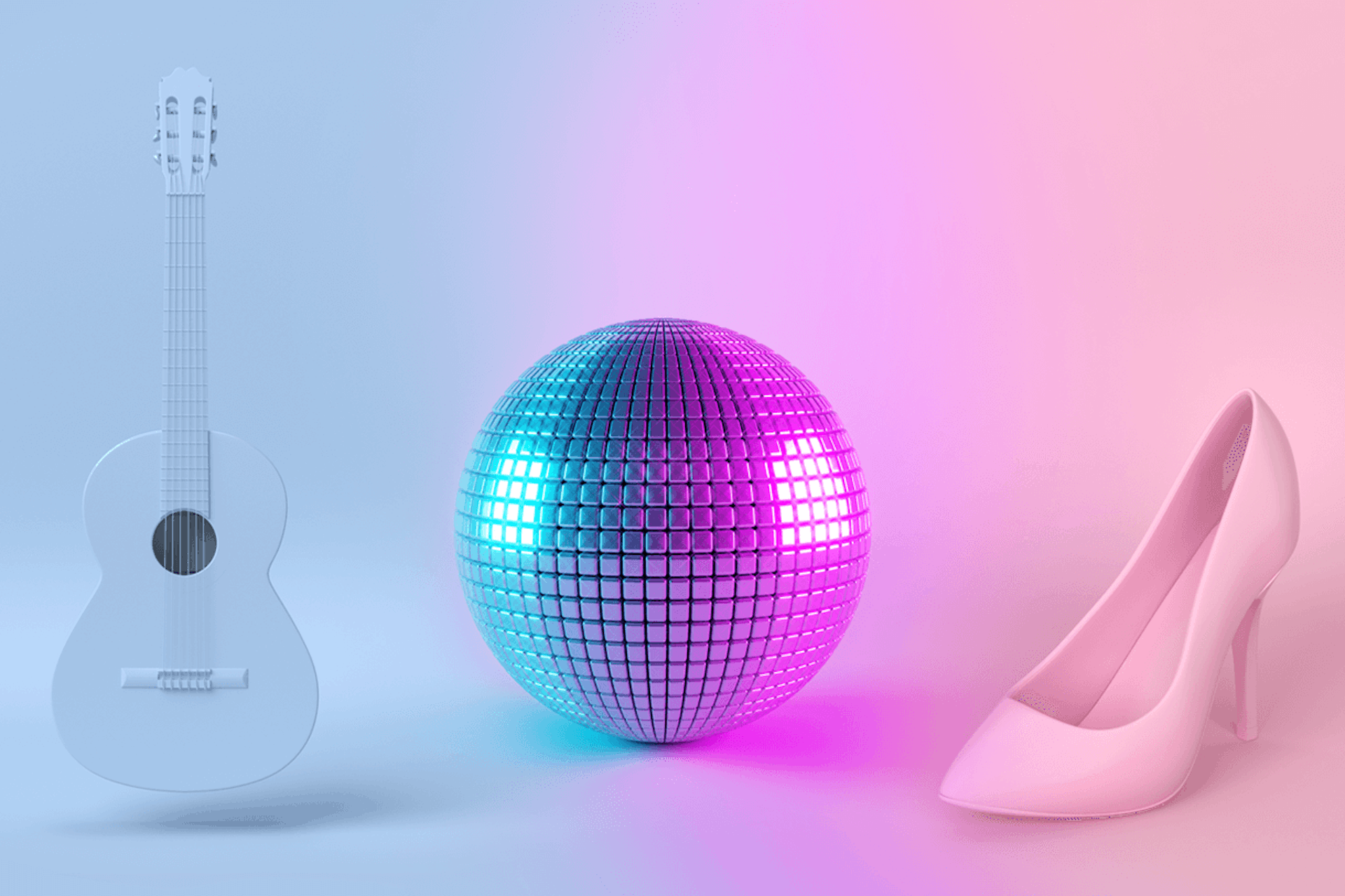 A guitar, disco ball, and high heel are in this image for a Meltwater blog about Taylor Swift's Eras Tour, Beyoncé's Renaissance Tour, and the Barbie movie.