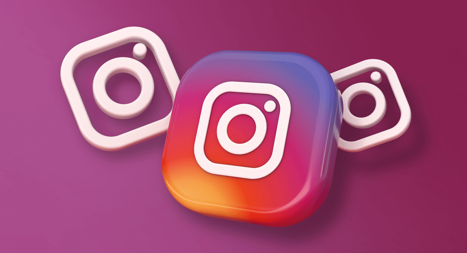 Image showing large Instagram logo in color, with two smaller Instagram logos in white on either side, on a dark purple background. B2B Instagram account examples blog post.