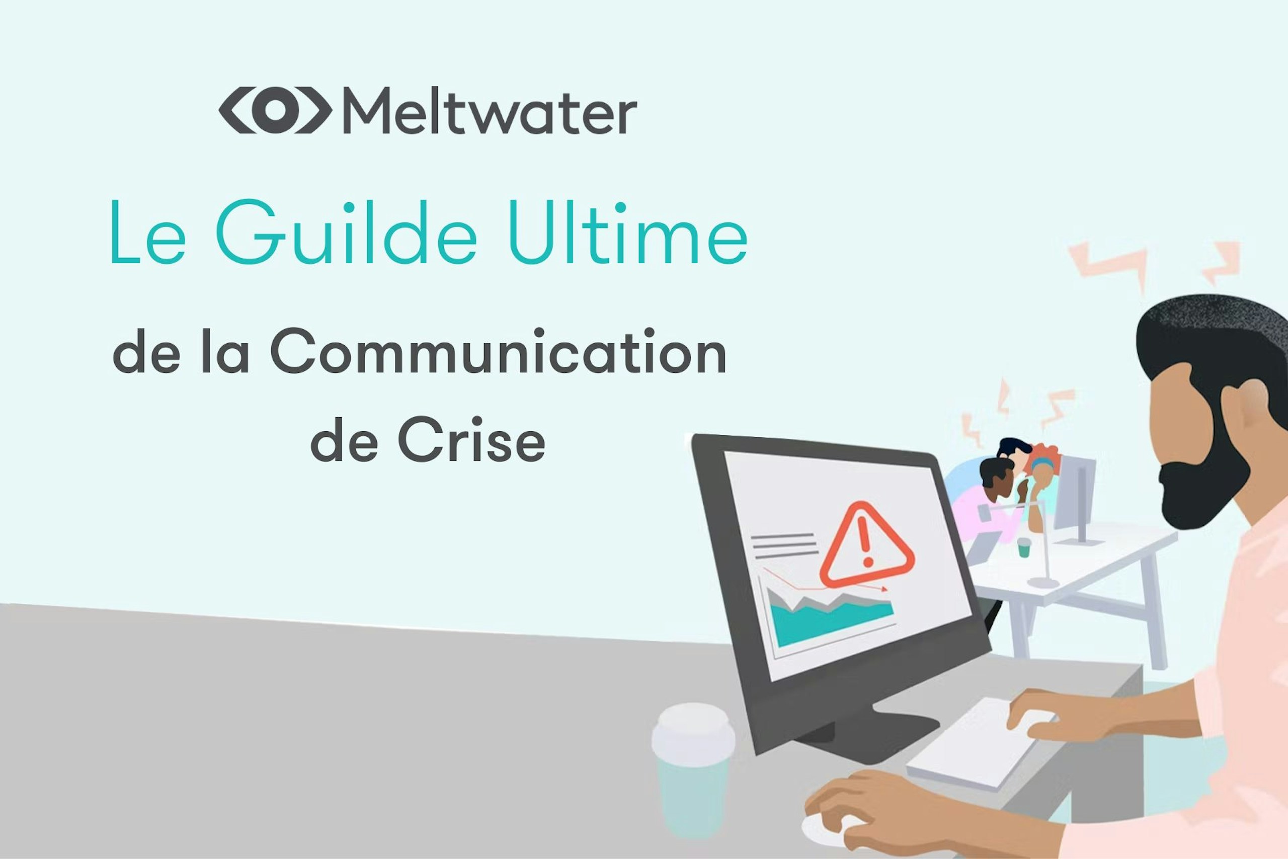 Image d'un homme regardant un écran d'ordinateur avec un panneau d'avertissement rouge. Illustration du guide de communication de crise, ressource téléchargeable.Image d'un homme regardant un écran d'ordinateur avec un panneau d'avertissement rouge. Illustration du guide de communication de crise, ressource téléchargeable.