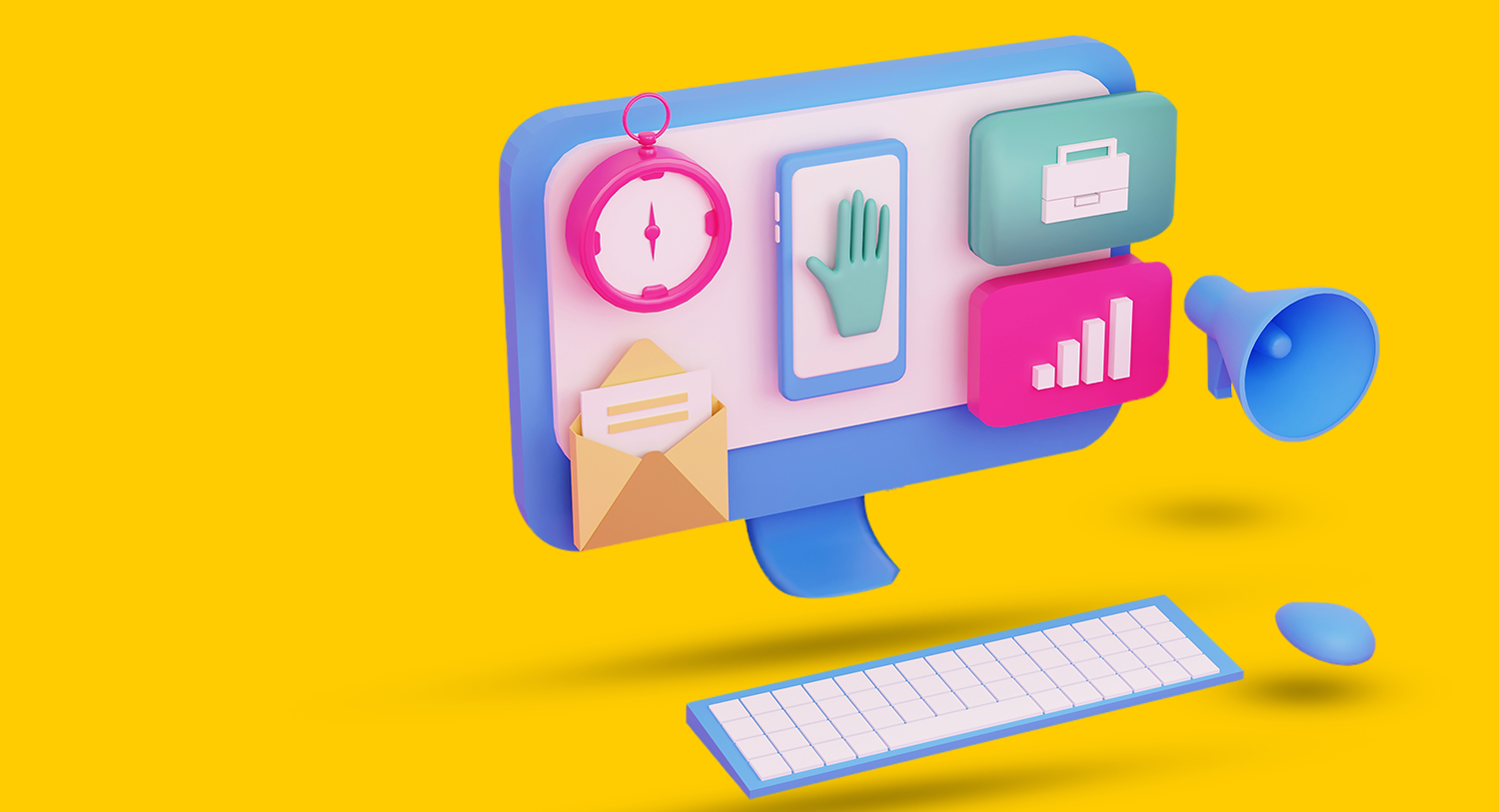 Illustration showing a stylized desktop computer with several icons and tools such as an analytics graph, smartphone, clock, and email. Blog post on top marketing tools and software