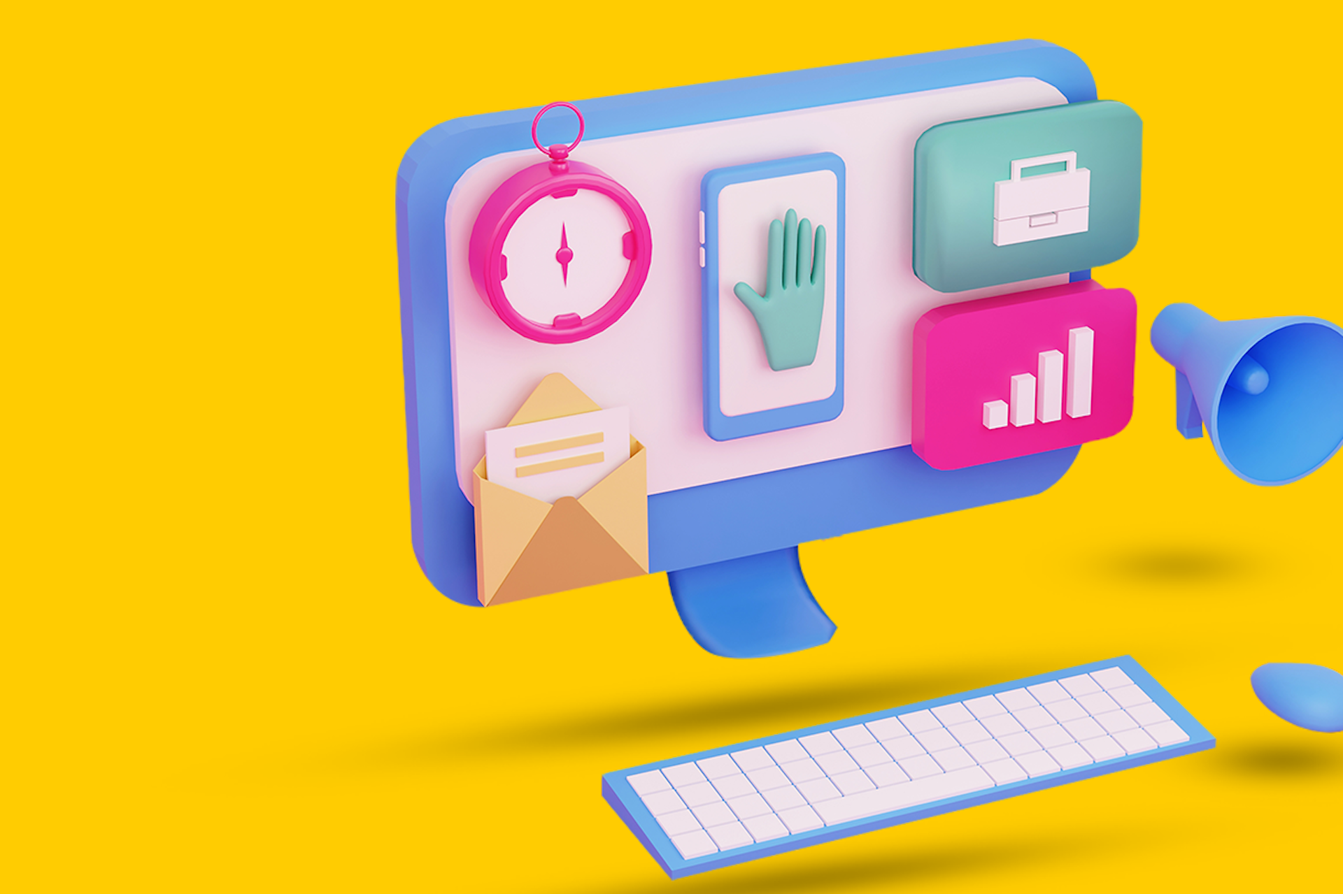 Illustration showing a stylized desktop computer with several icons and tools such as an analytics graph, smartphone, clock, and email. Blog post on top marketing tools and software