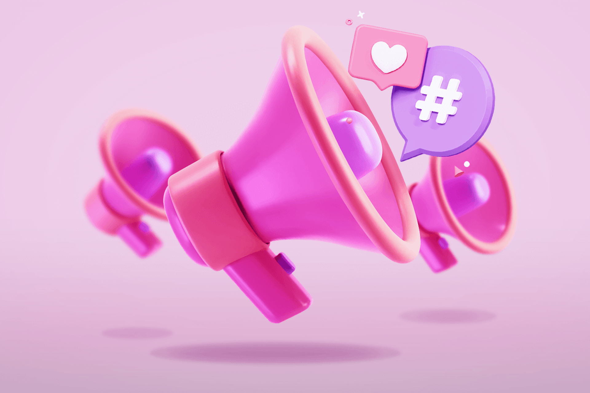 Illustration of three bright pink megaphone in varying sizes. The largest megaphone is in the center and there are symbols being blasted out of it such as a heart icon and a hashtag symbol.