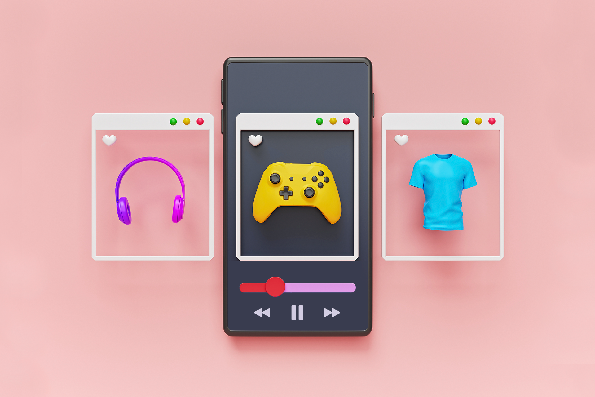 Mock-ups of several YouTube ads hovering over a smartphone in a carousel format that give you a sense of how video marketing works. The first ad features a pair of headphones, the second ad features a video game controller, and the final ad in the series displays a blue t-shirt. 