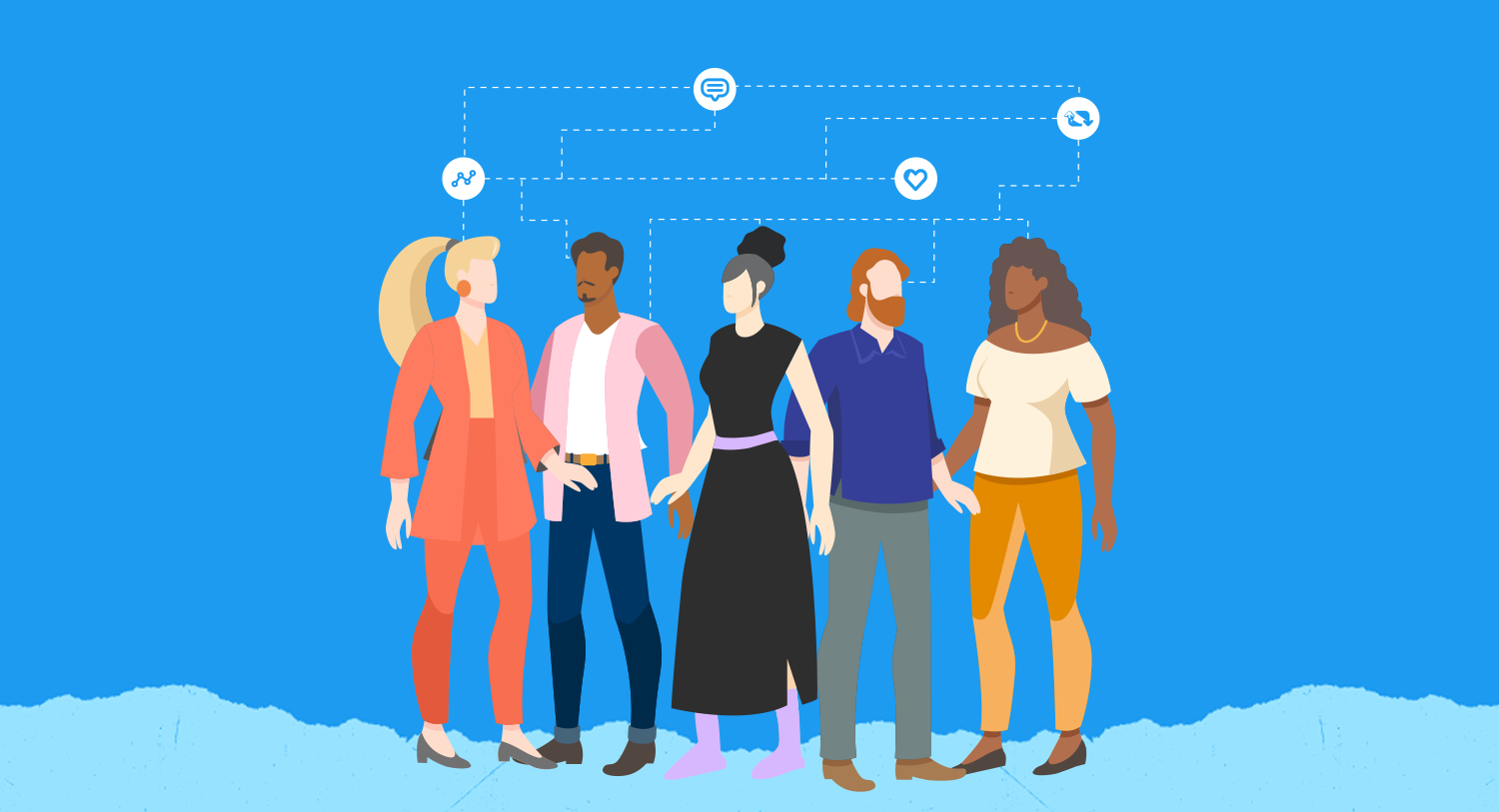 Five illustrated people stand in a group connected by dotted lines and icons, for a blog about Meltwater and Twitter's new fashion report.