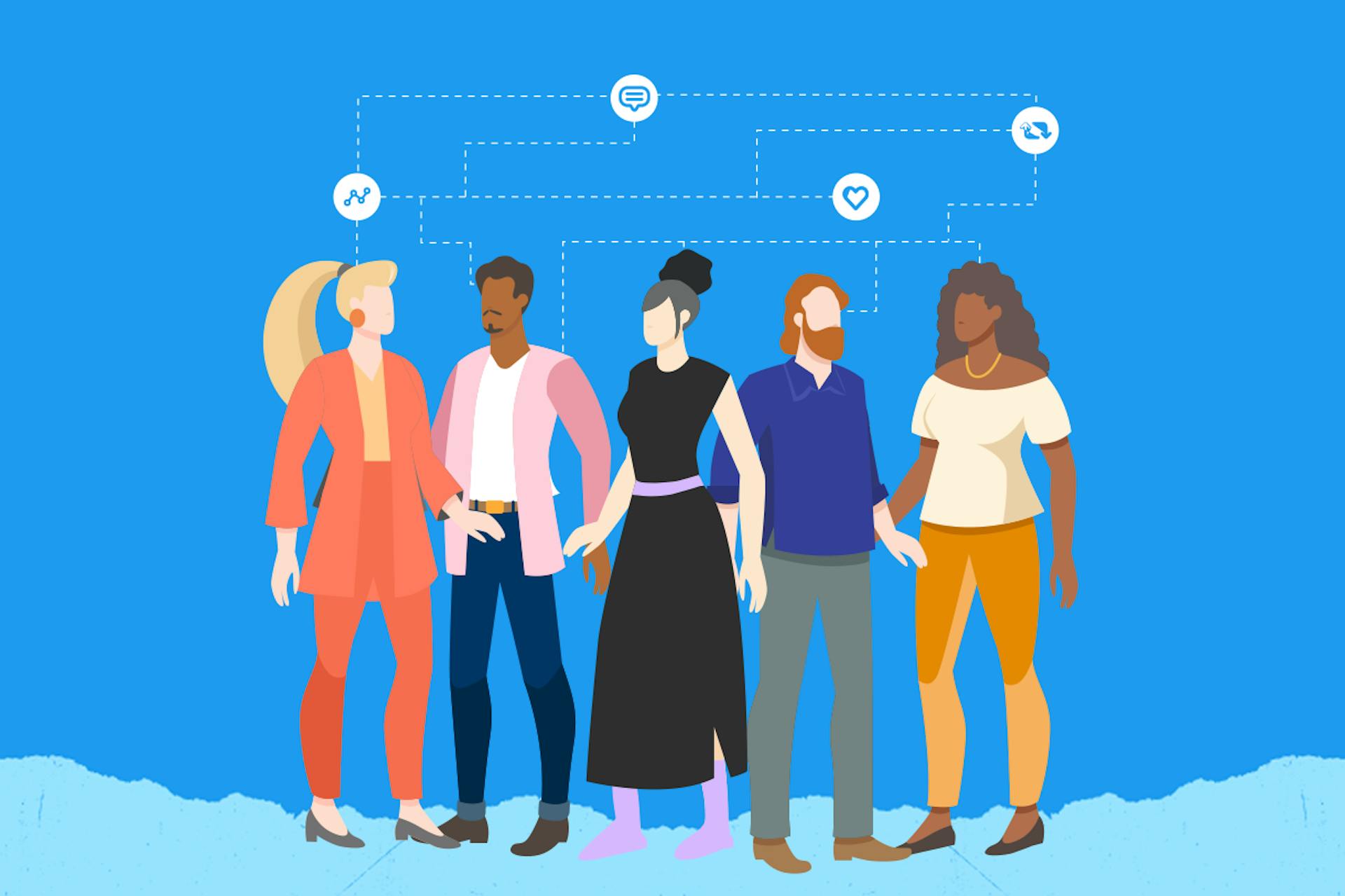 Five illustrated people stand in a group connected by dotted lines and icons, for a blog about Meltwater and Twitter's new fashion report.