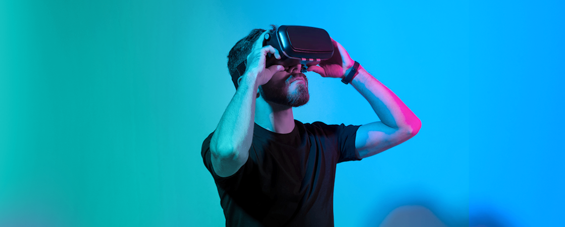 Person wearing virtual reality console