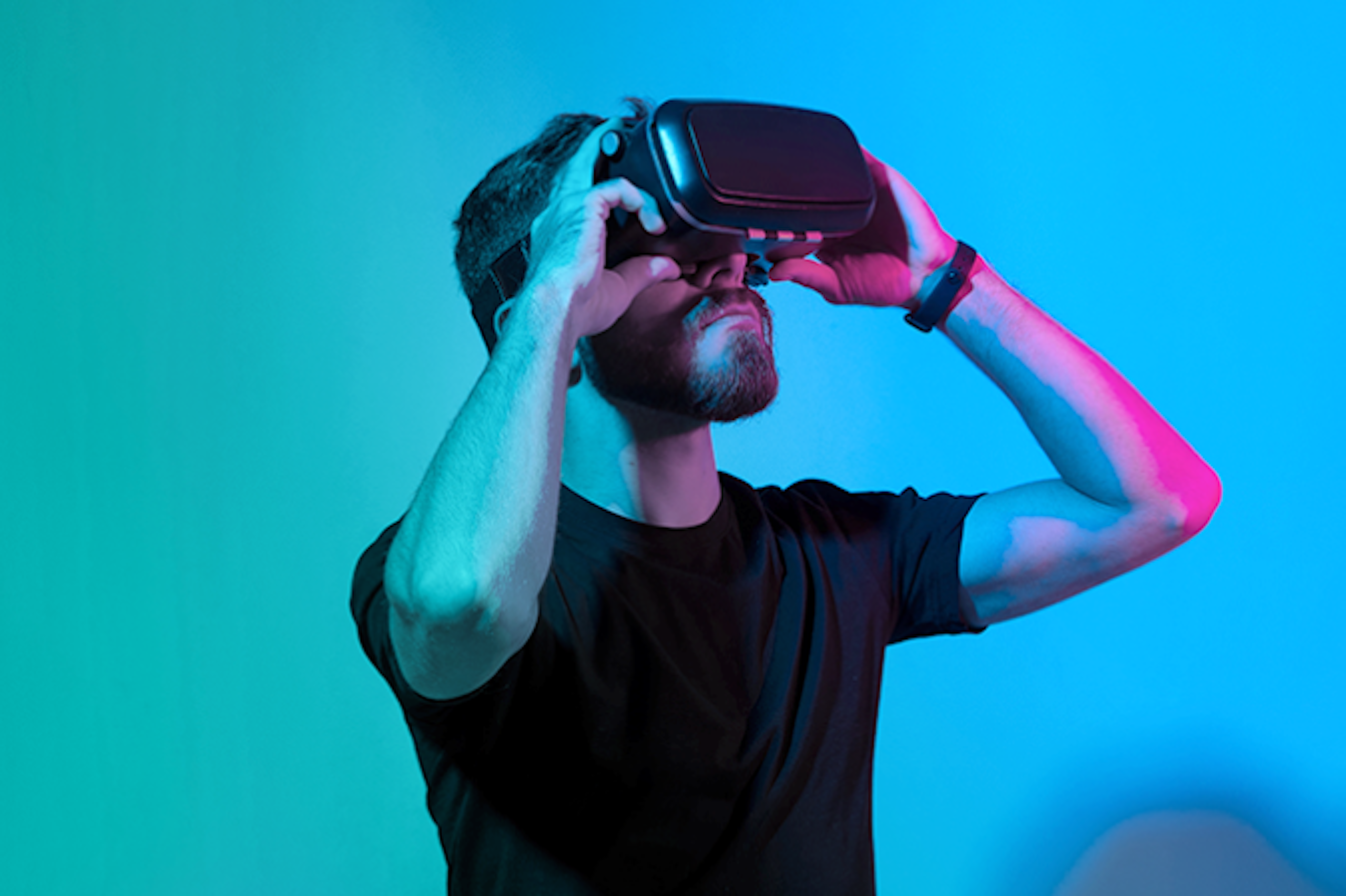 Person wearing virtual reality console