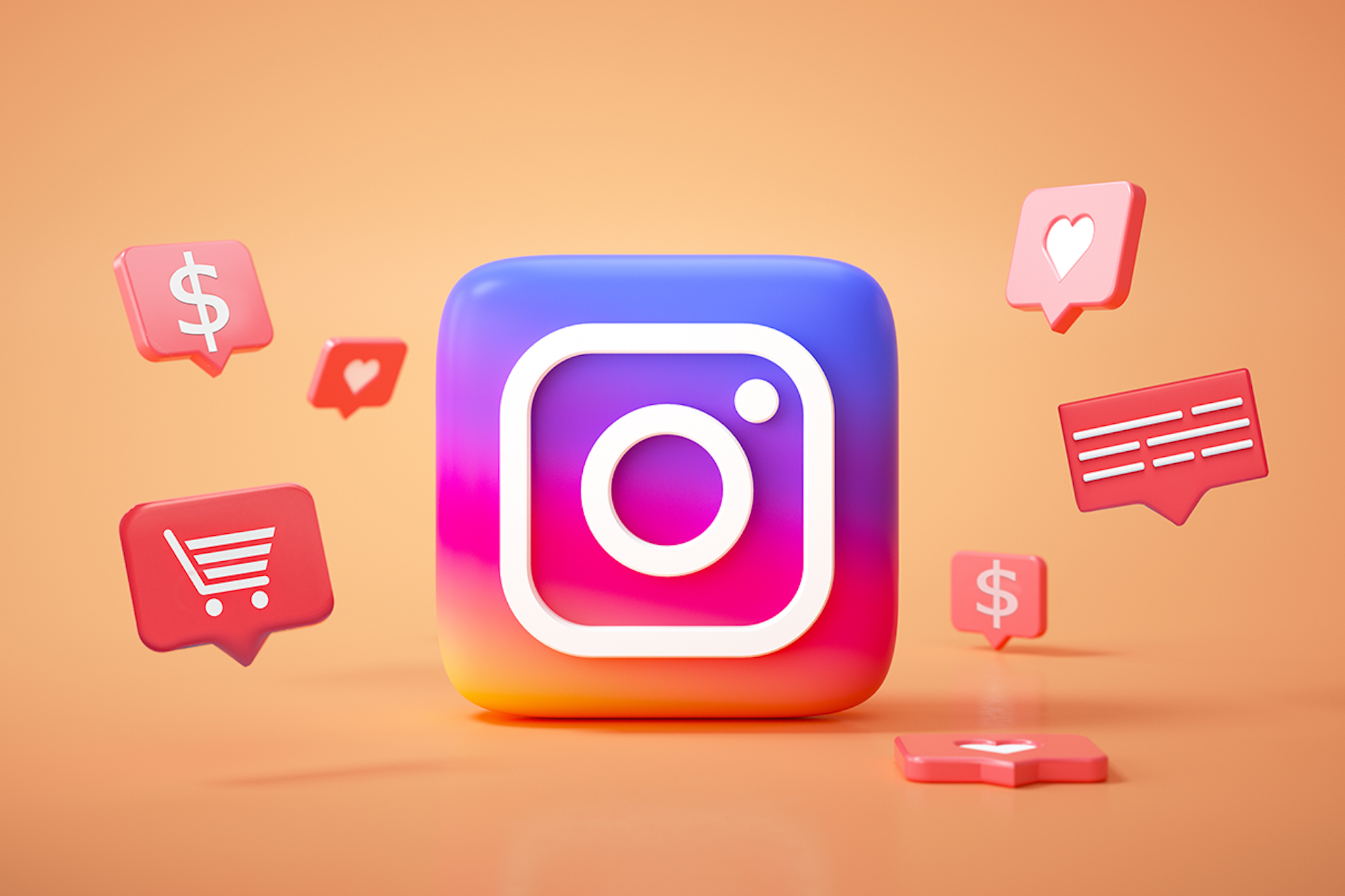 An illustration showing a large Instagram logo in the center, surrounded by floating commerce symbols like a shopping cart and dollar signs. Social media symbols are also floating including a comment blurb and hearts. How to use Instagram ads blog post.