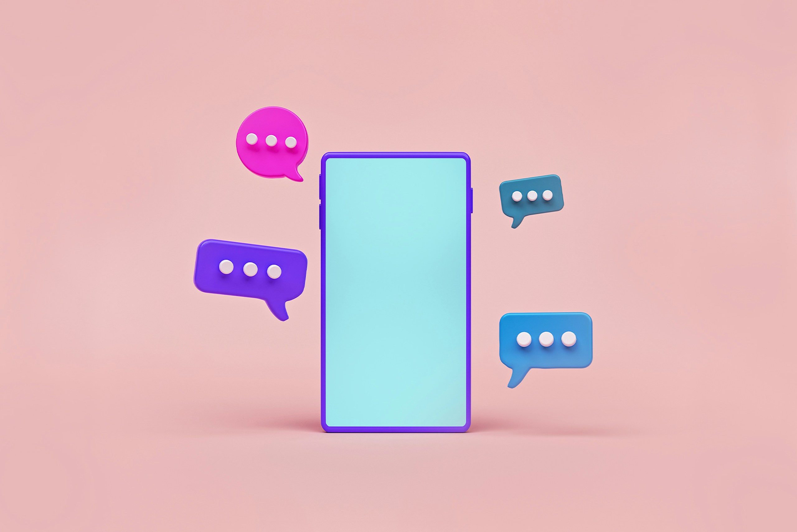 Une image d'un téléphone de dessin animé avec des bulles de discussion stylisées apparaissant autour de l'écran sur un fond rose uni. Chacune des quatre bulles de discussion est d'une couleur différente, symbolisant les différents fils de discussion dans lesquels les spécialistes du marketing peuvent s'engager sur Reddit.