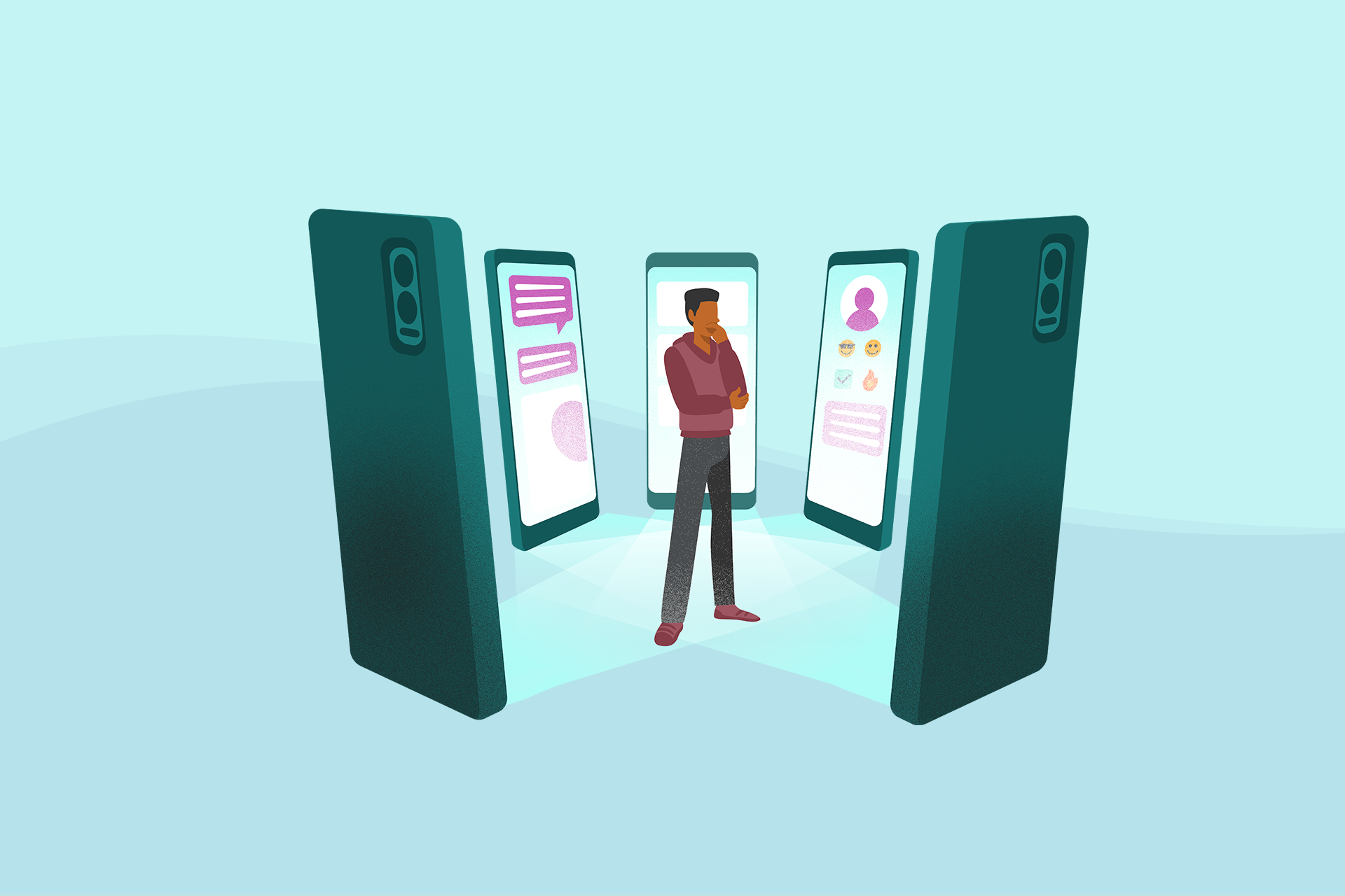 An illustration showing a person surrounded by life size smartphones