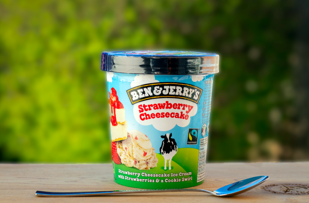 Image of a tub of Ben and Jerry's, strawberry cheesecake flavour 