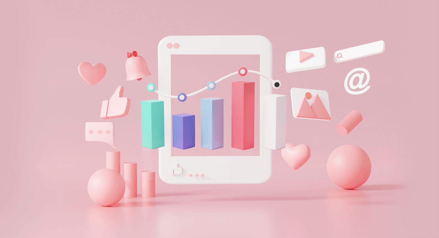 Image of social media symbols, icons, logos, and bar graph on a pale pink background. Social media statistics blog post