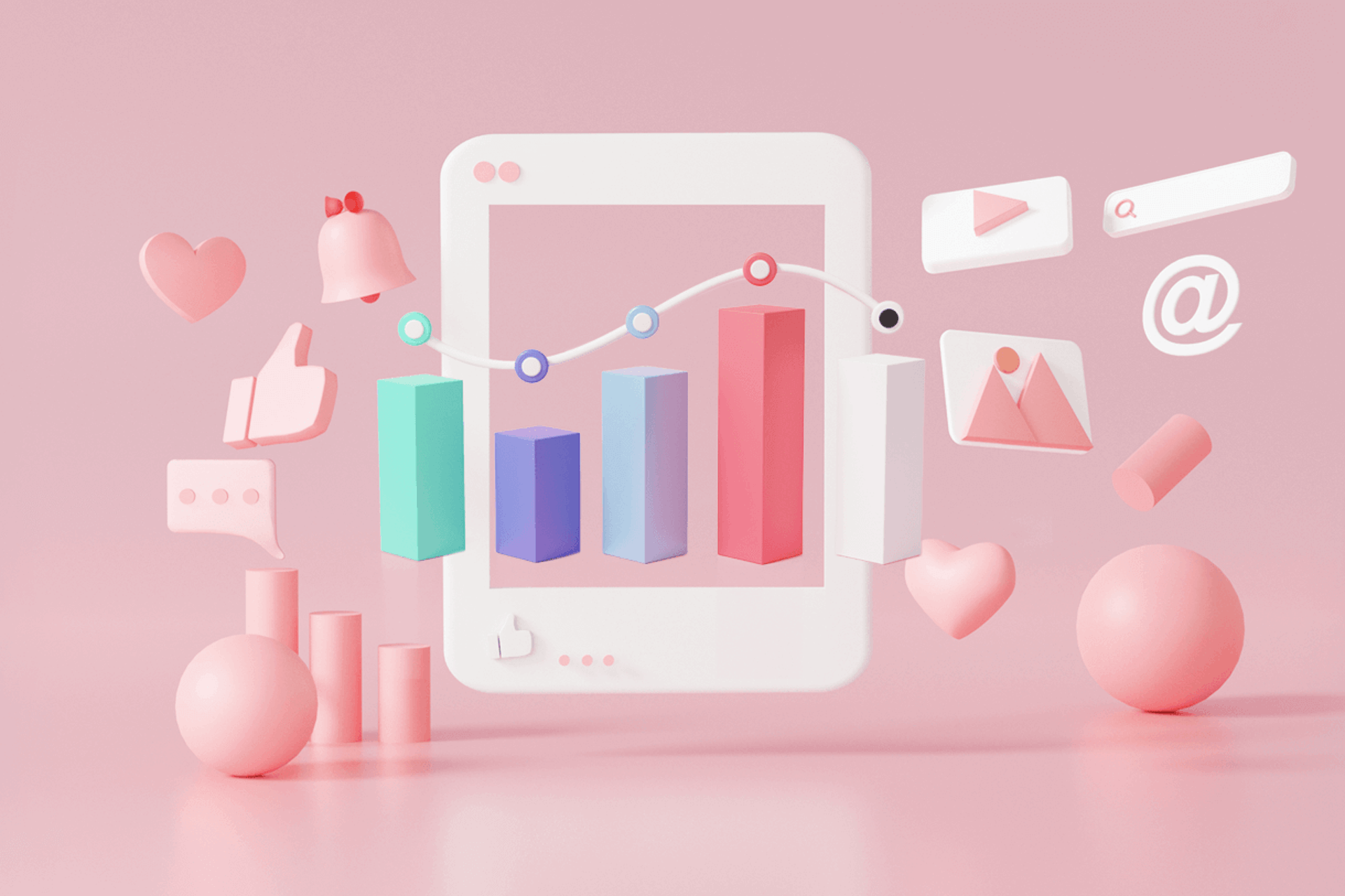 Image of social media symbols, icons, logos, and bar graph on a pale pink background. Social media statistics blog post