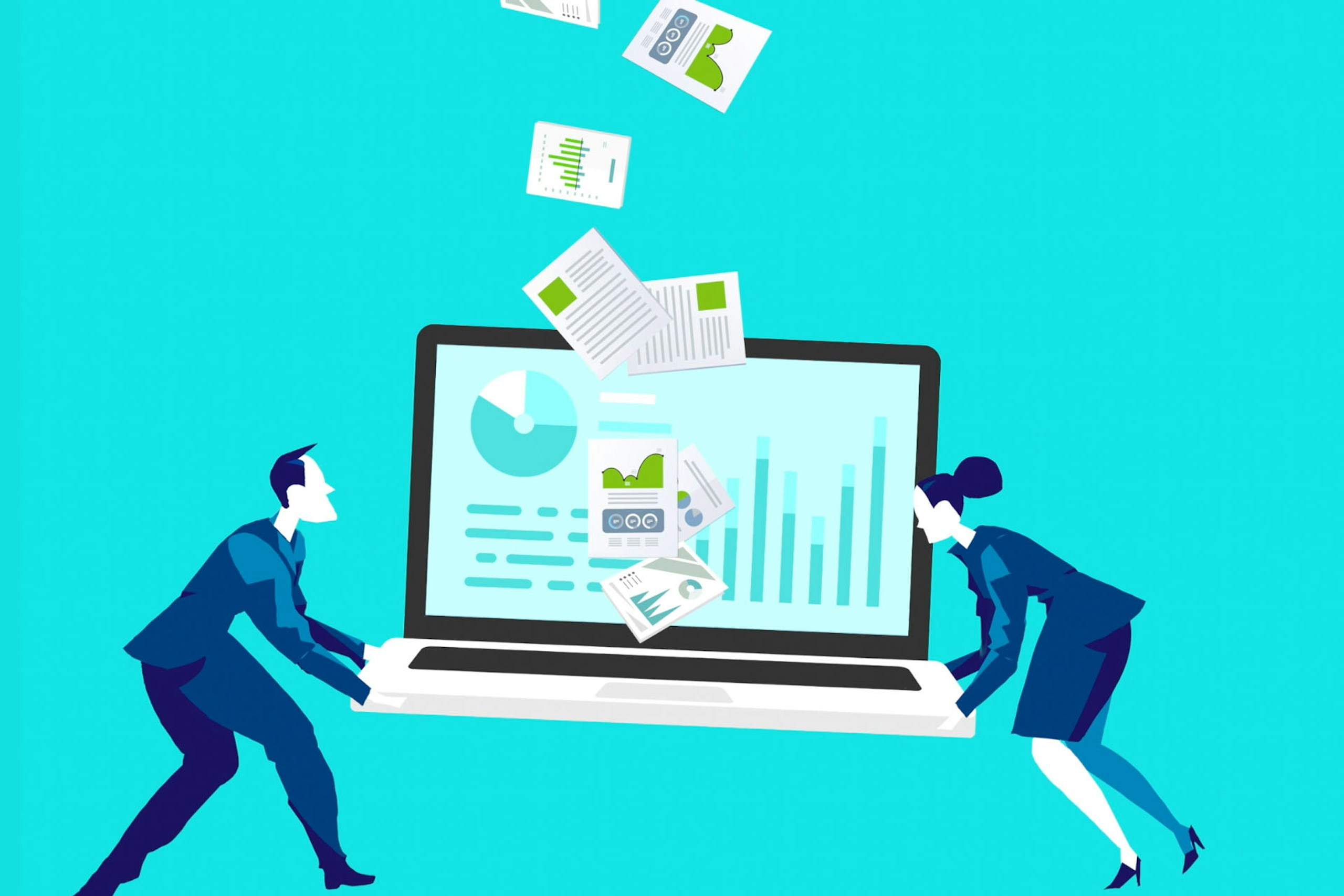 Illustration of two people carrying a huge laptop with reportings
