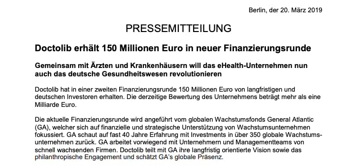 Doctolib Pressemitteilung 150 Millionen Euro Investment in neuer Finanzierungsrunde