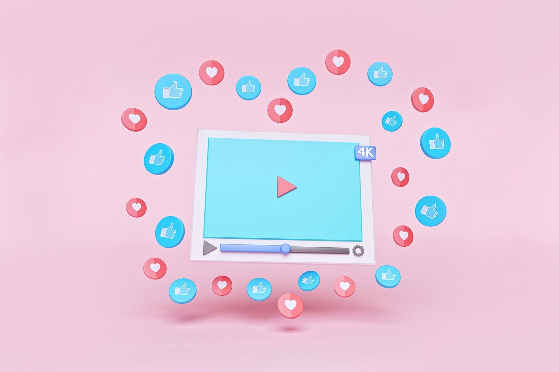 Une icône d'un lecteur vidéo YouTube avec des icônes de cœurs et de "j'aime" flottant autour de la vidéo en forme de cœur.