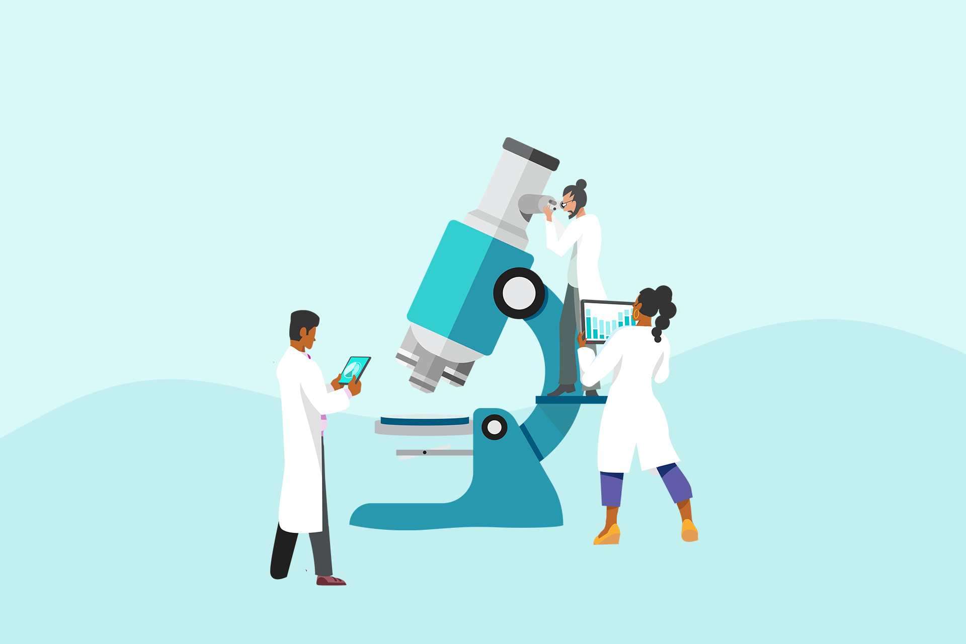 Illustration of people working on a huge microscope