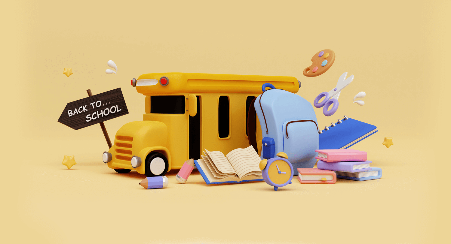 A school bus and school supplies beside a pointing arrow sign reading "back to school" for Meltwater blog on back-to-school trends.