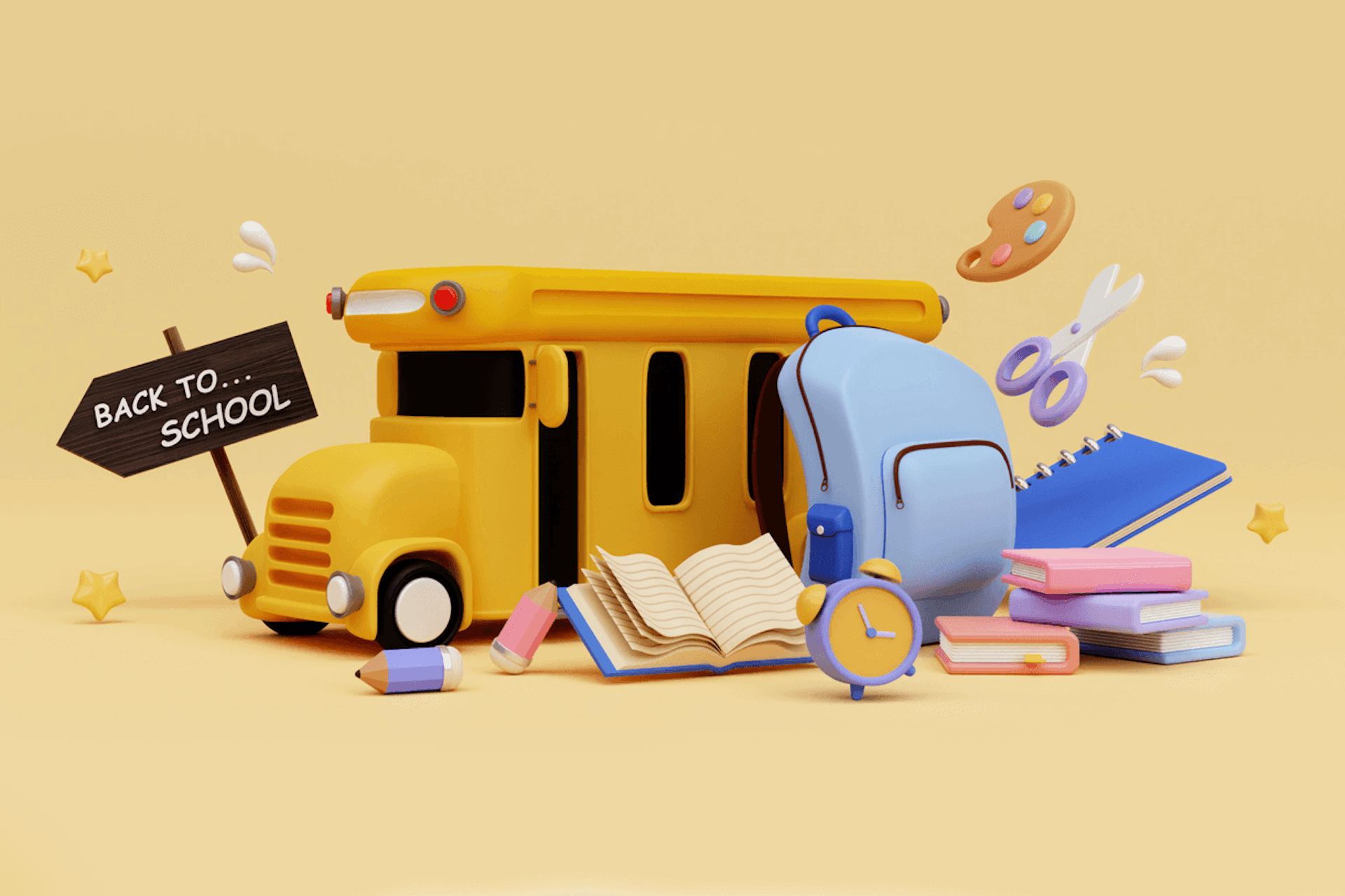 A school bus and school supplies beside a pointing arrow sign reading "back to school" for Meltwater blog on back-to-school trends.