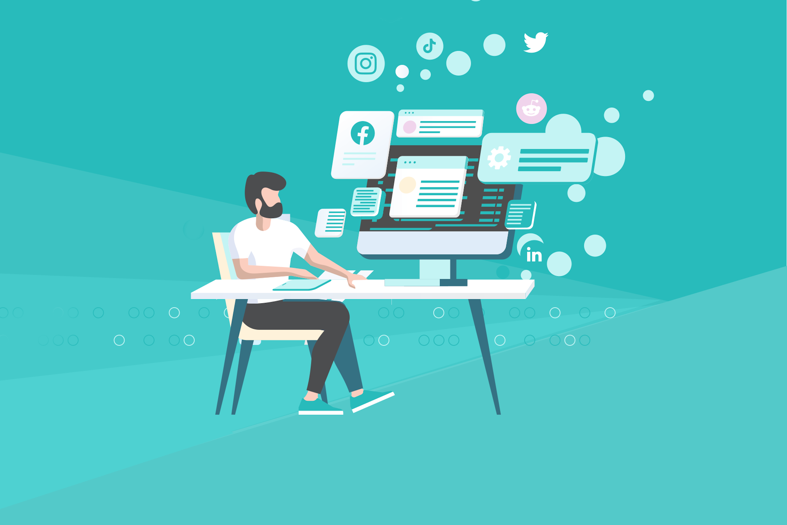 An illustration of a man sitting at his desk performing a social media audit. There are numerous chat boxes and social media logos hovering above his screen.