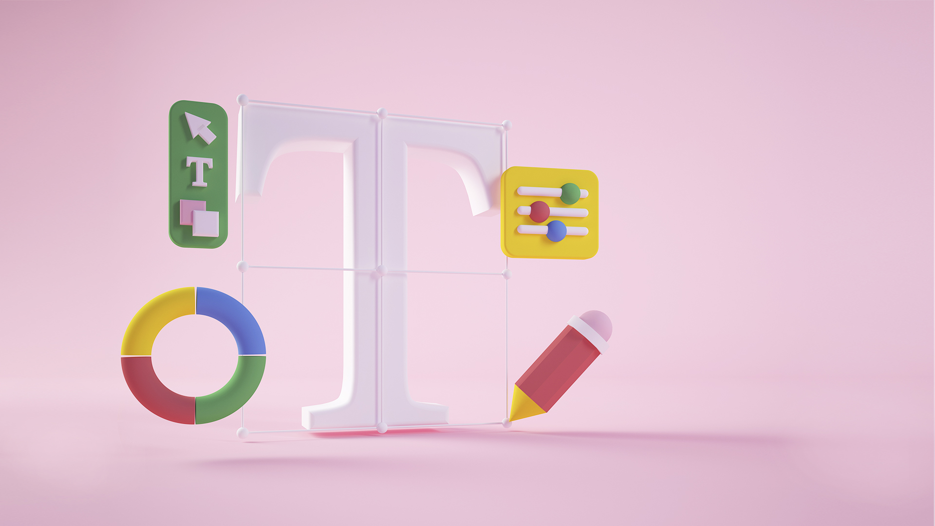 A giant letter "T" with various icons and widgets hovering around it, like a pencil, a pie chart, and a graph. These icons that are involved in the editing of the letter "T" are part of the design process a designer might undergo in a brand management exercise to ensure that the size, color, and style of the letter "T" match the brand's guidelines. 