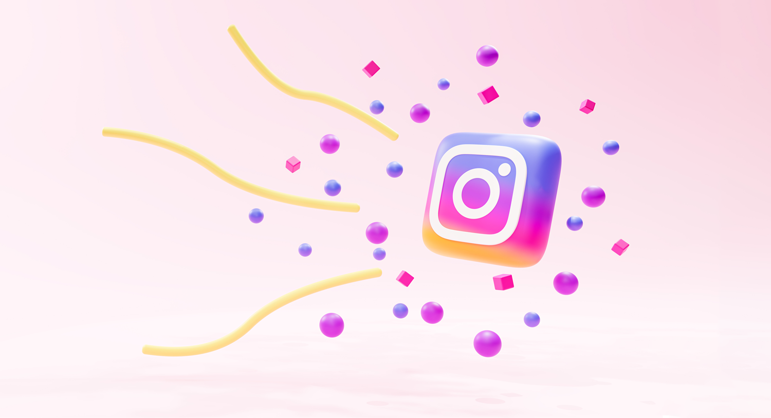 Instagram trends blog post. Image showing Instagram logo on pale pink background surrounded by multi-colored dots and yellow squiggly lines