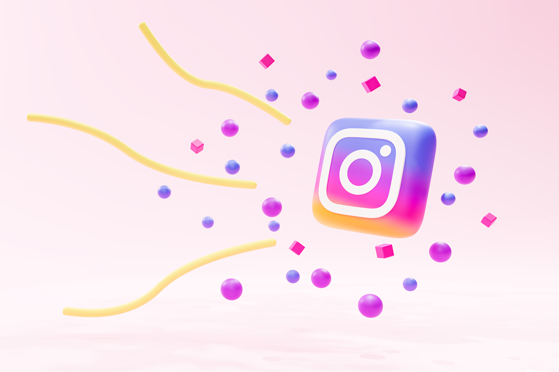 Instagram trends blog post. Image showing Instagram logo on pale pink background surrounded by multi-colored dots and yellow squiggly lines