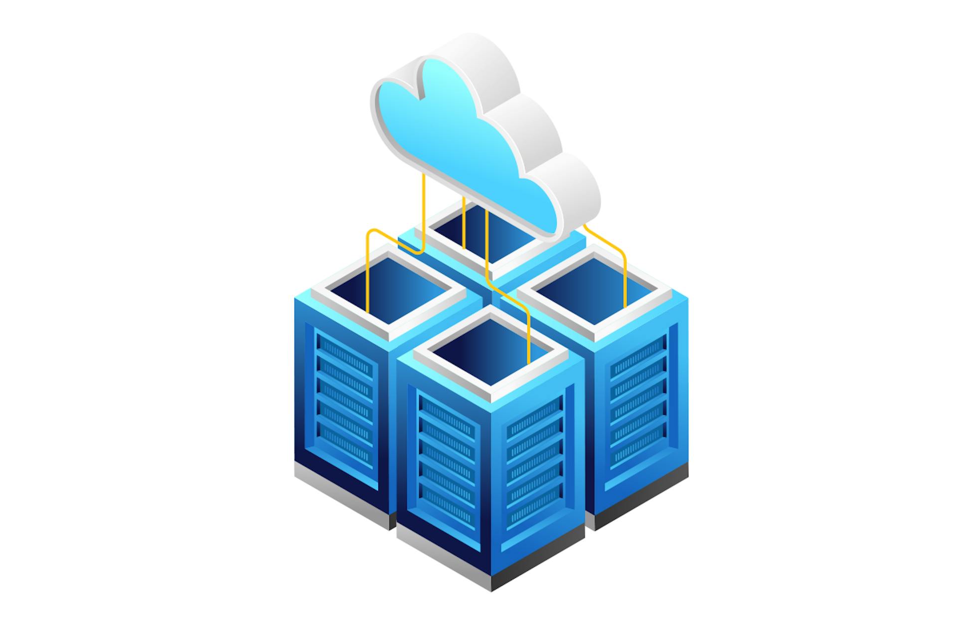 Image for a blog post about data lakes vs data warehouses, showing four blue storage containers linked by a cloud