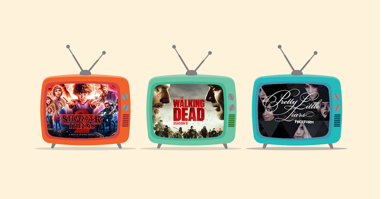 Three illustrated TVs showing these TV shows respectively (Left to Right): Red TV: Stranger Things; Green TV; The Walking Dead; Blue TV: Pretty Little Liars