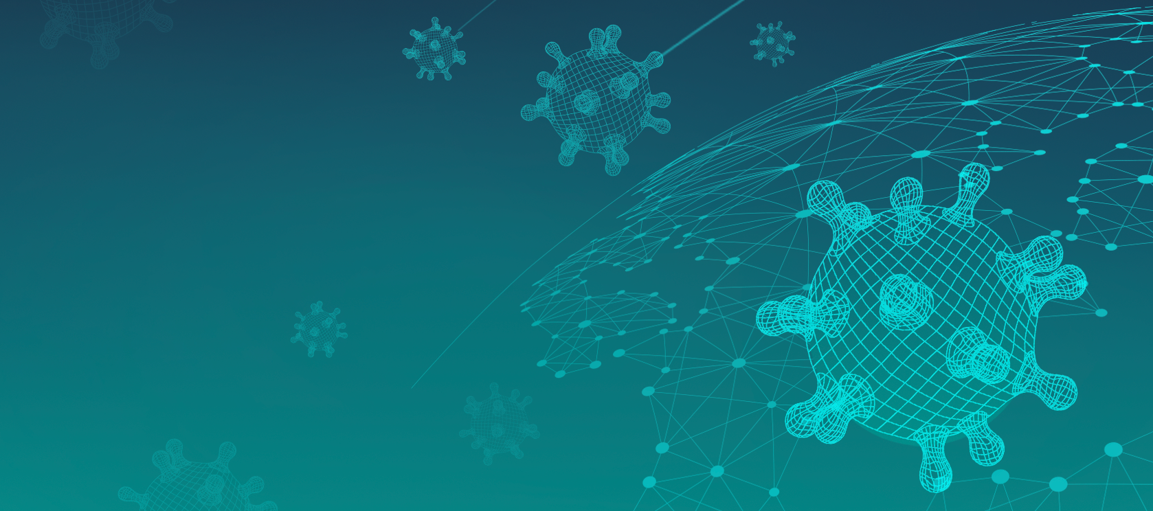 An illustration of COVID-19 cells against a data line map of the earth