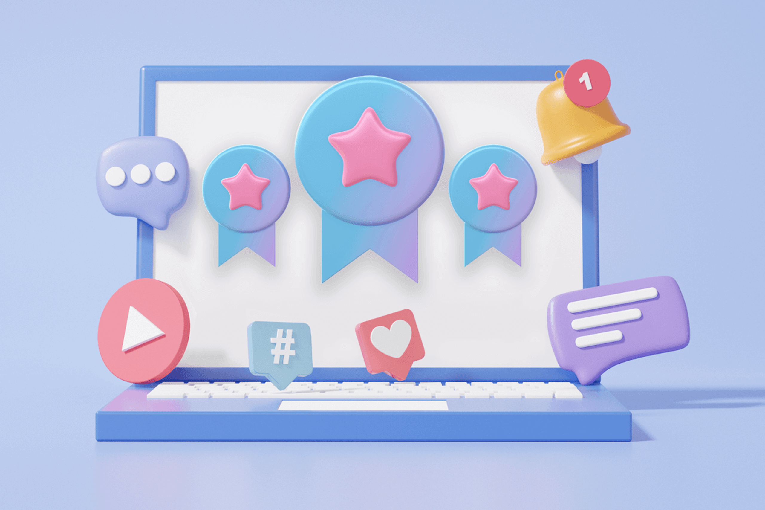 3D Illustration eines Laptops mit Icons zum Vergleich der besten Competitor Analysis Tools und Wettbewerbsanalyse Tools da draußen.