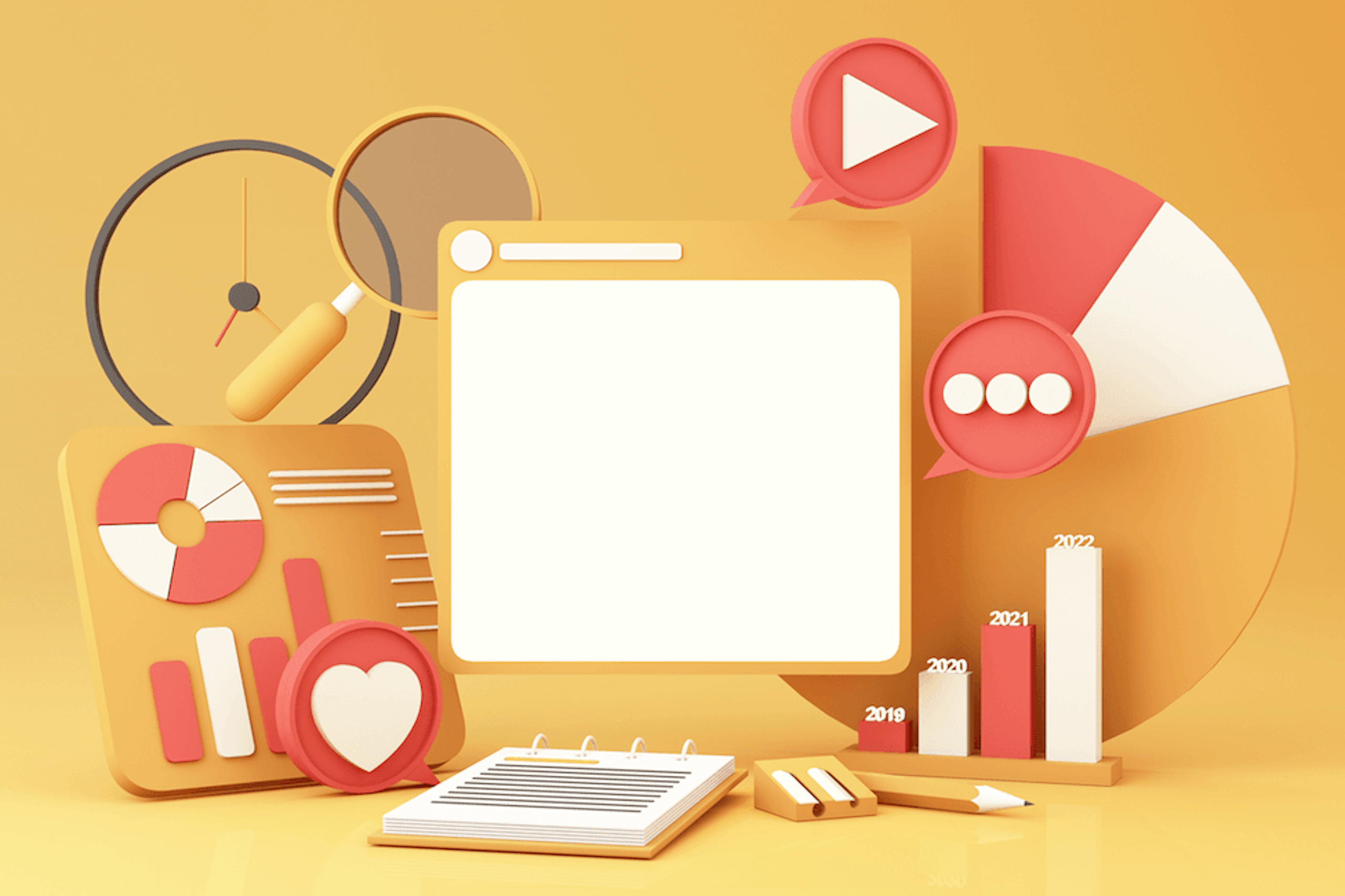 3D Illustration von Marketing Items für unseren ultimativen Marketing Guide