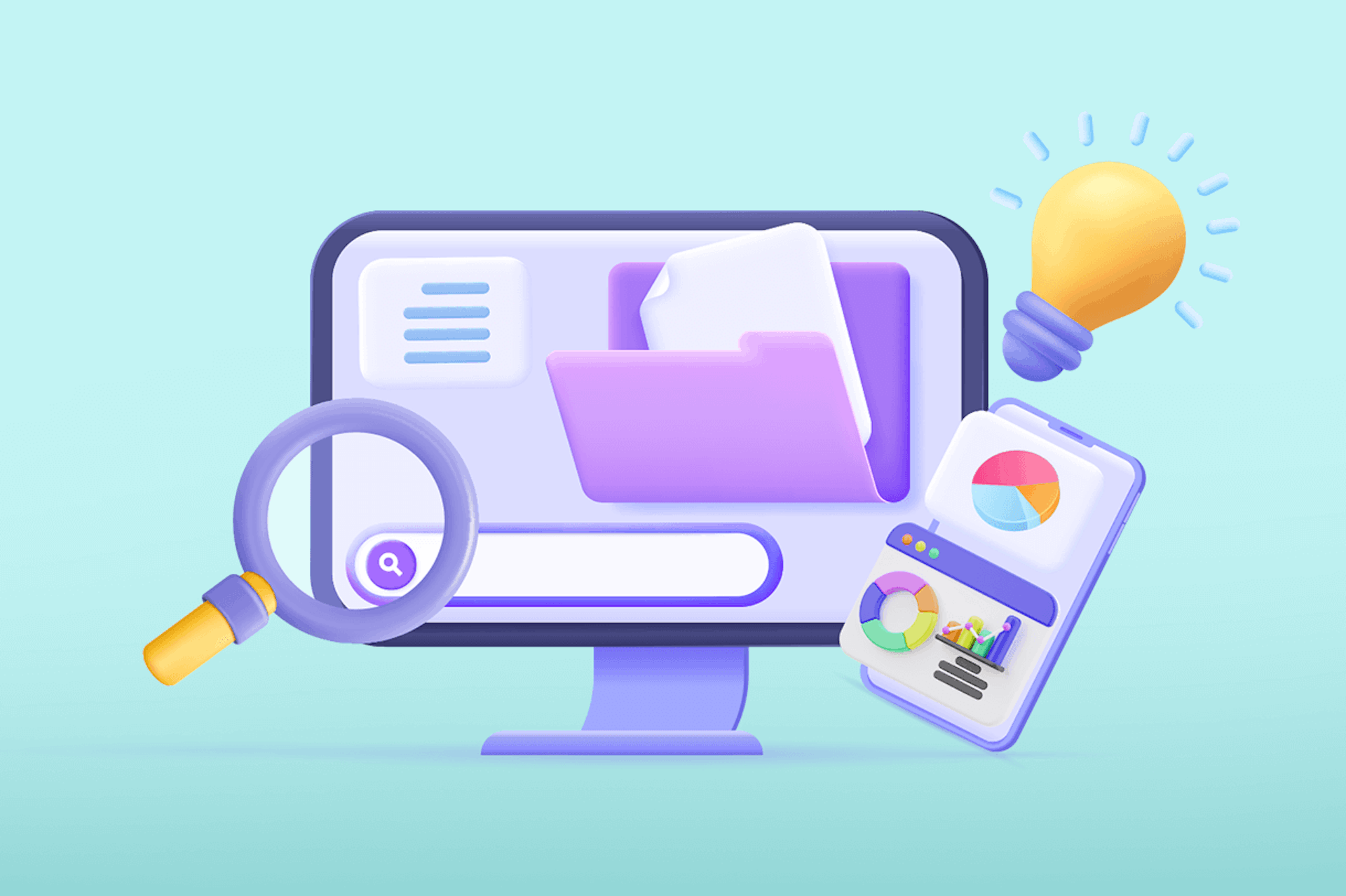 An illustration showing a desktop computer with a large magnifying glass over the search bar, a big purple folder with a document inside, a light bulb, and graphs. How to do market research blog post.