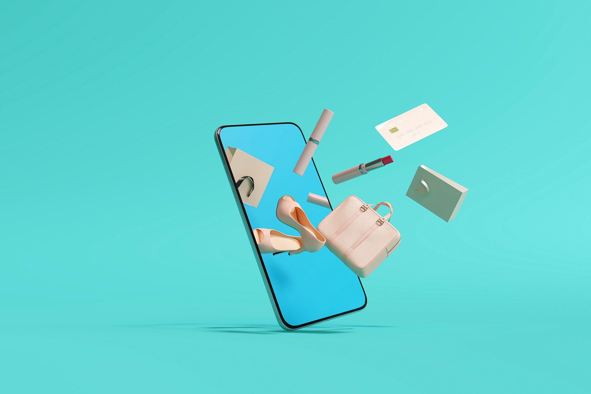 Un smartphone sur fond bleu, duquel sort des objets comme une paire de chaussures, une valise, une carte de crédit, un rouge à lèvres... 