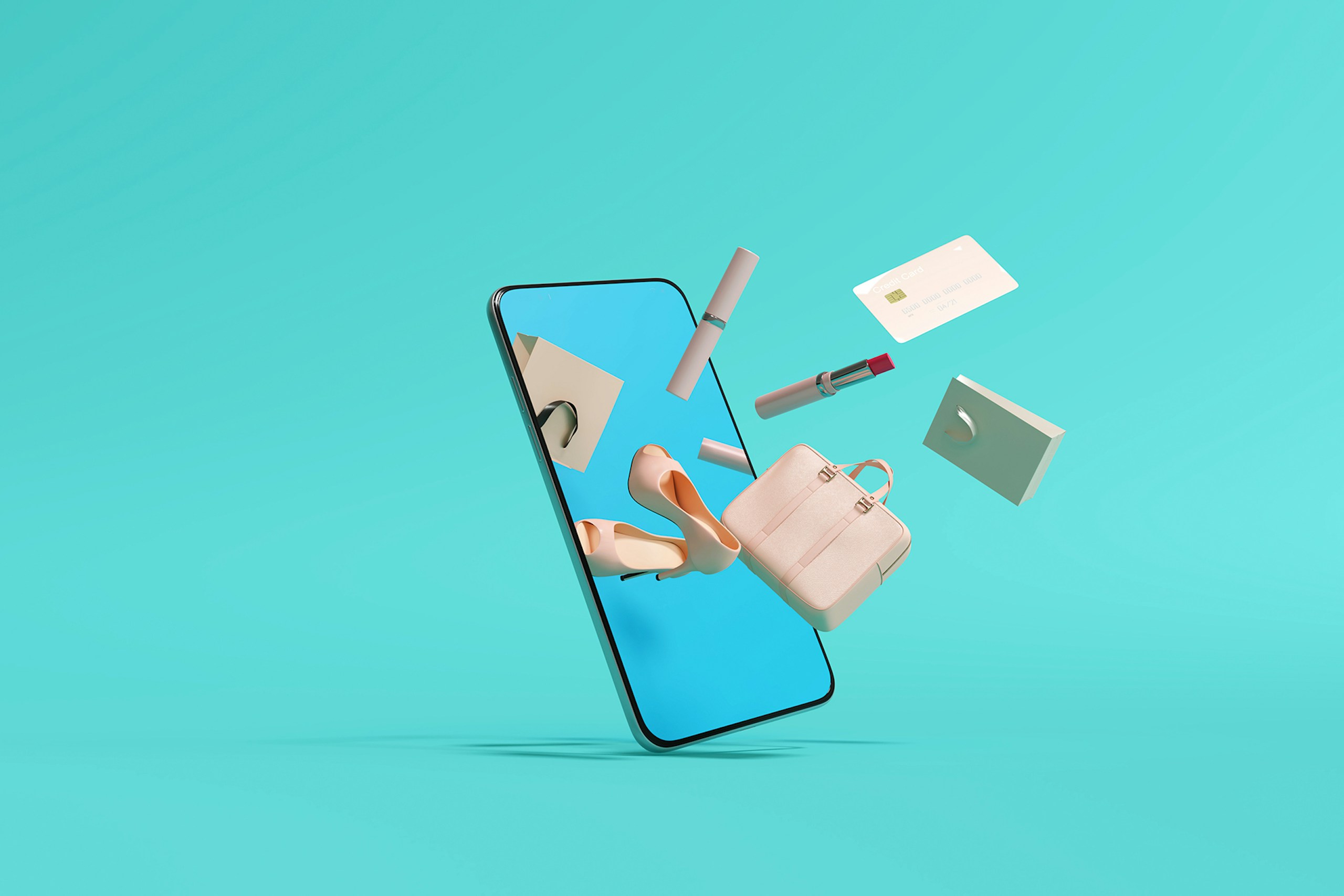Un smartphone sur fond bleu, duquel sort des objets comme une paire de chaussures, une valise, une carte de crédit, un rouge à lèvres...