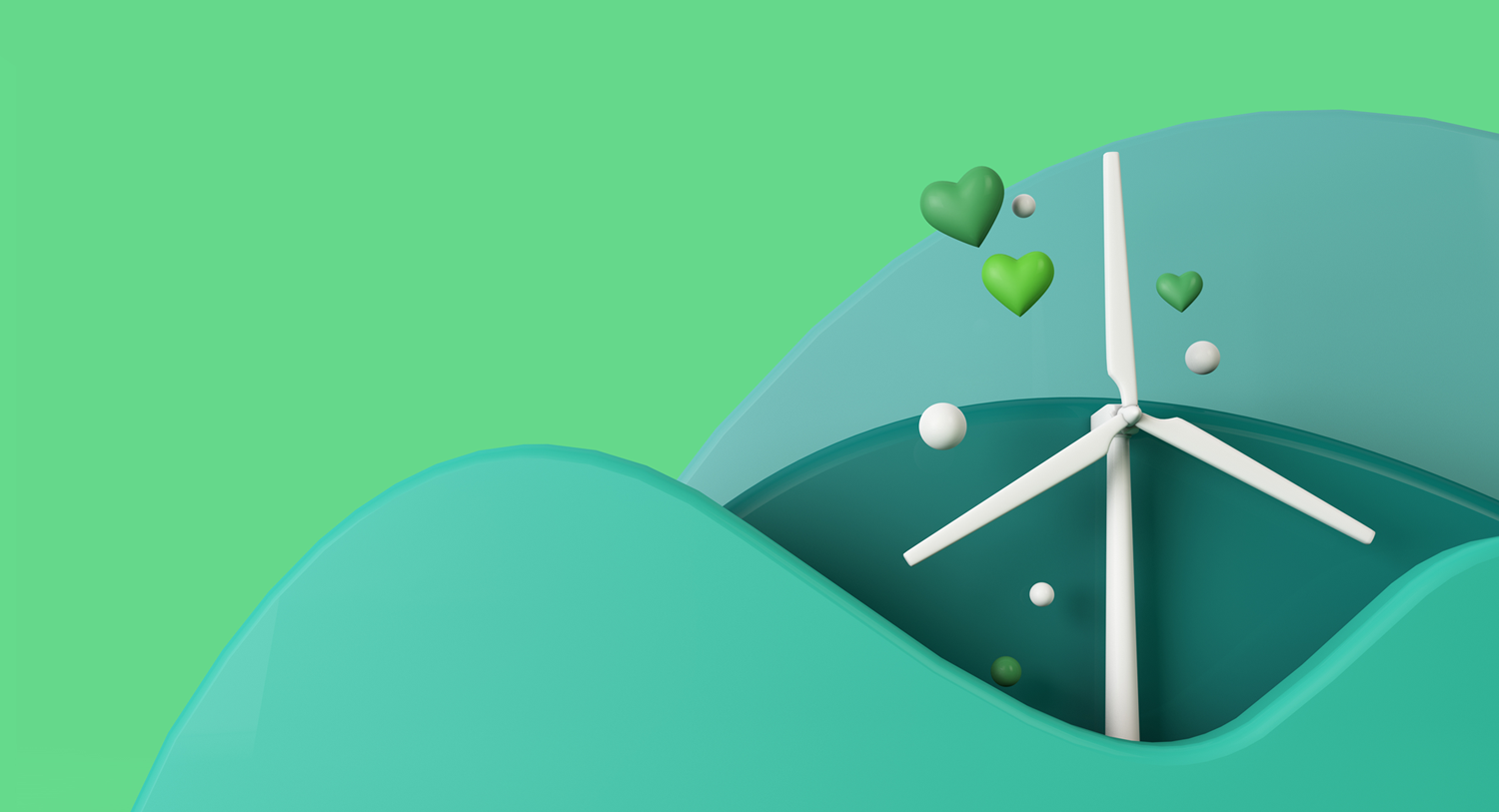 Green hearts float from a white turbine against hills of different shades of blue-green.